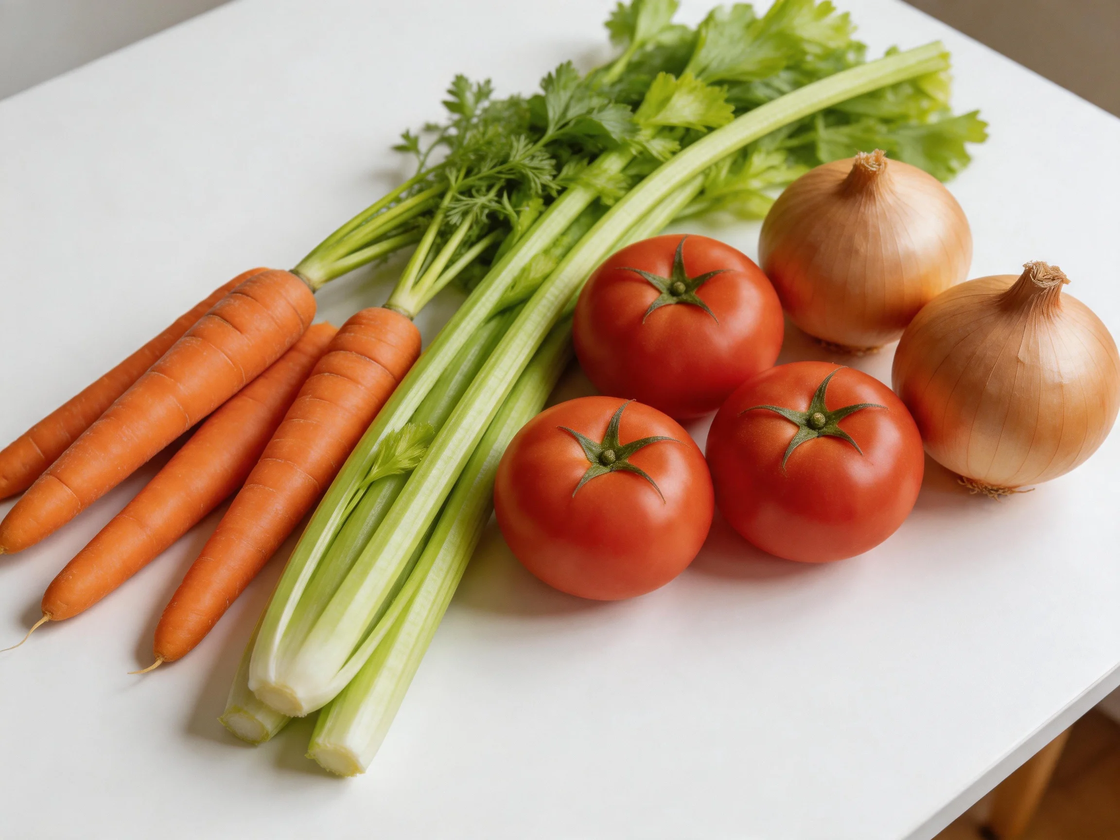 Fresh vegetables like carrots, celery, tomatoes, and onions arranged on a white surface