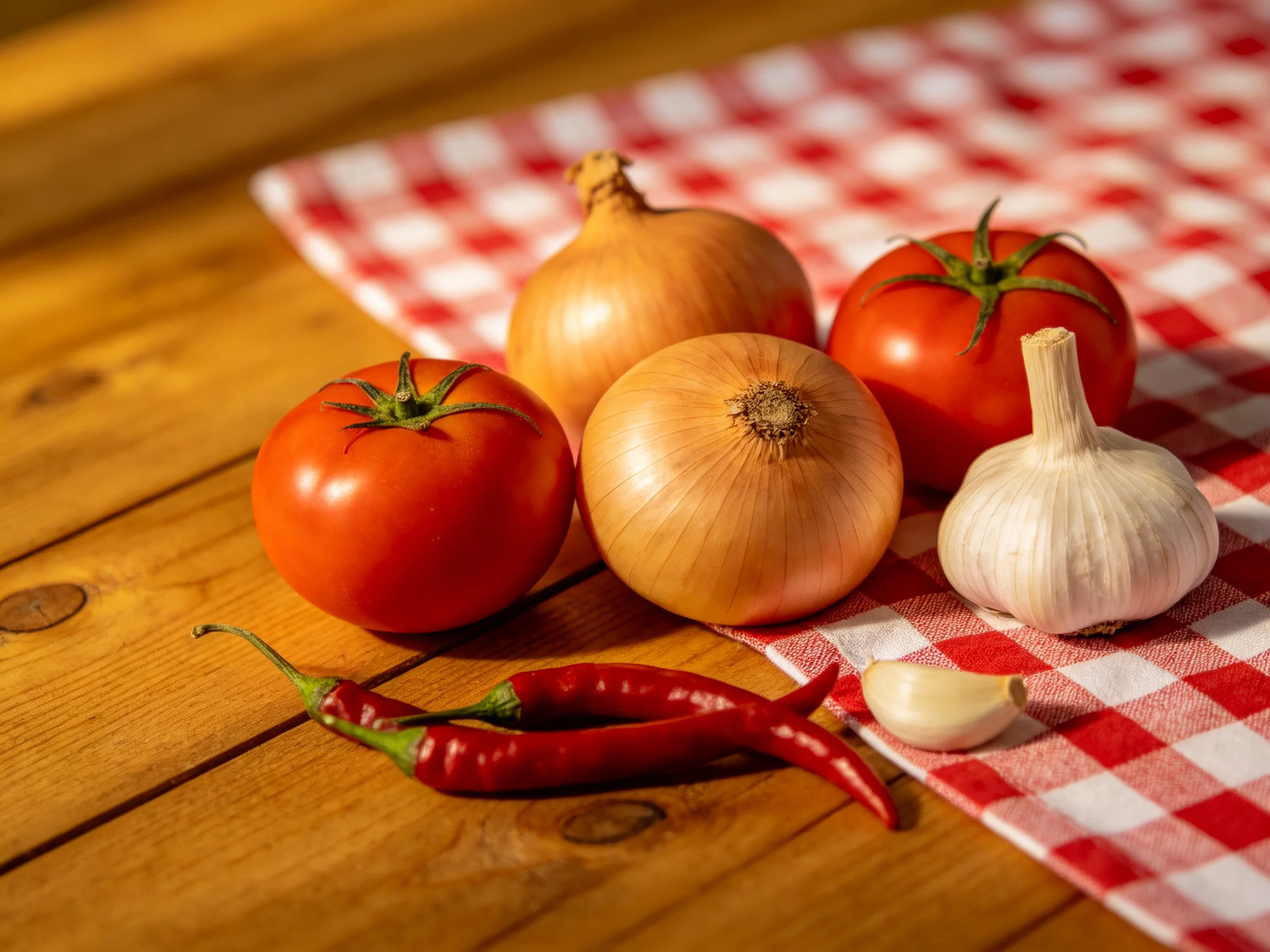 Fresh vegetables like tomatoes, onions, garlic, and chilies rest on a red-and-white checkered cloth o