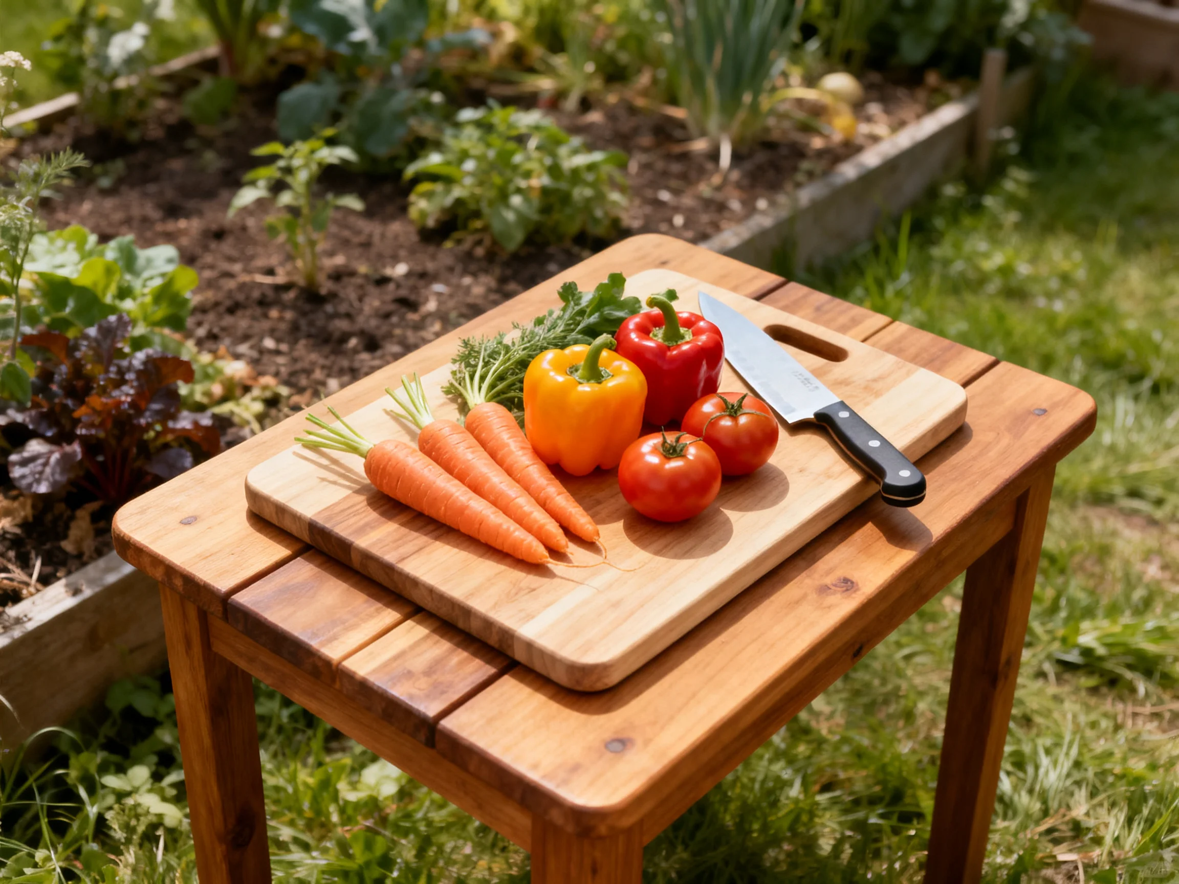 Fresh vegetables on a wooden cutting board in a garden setting