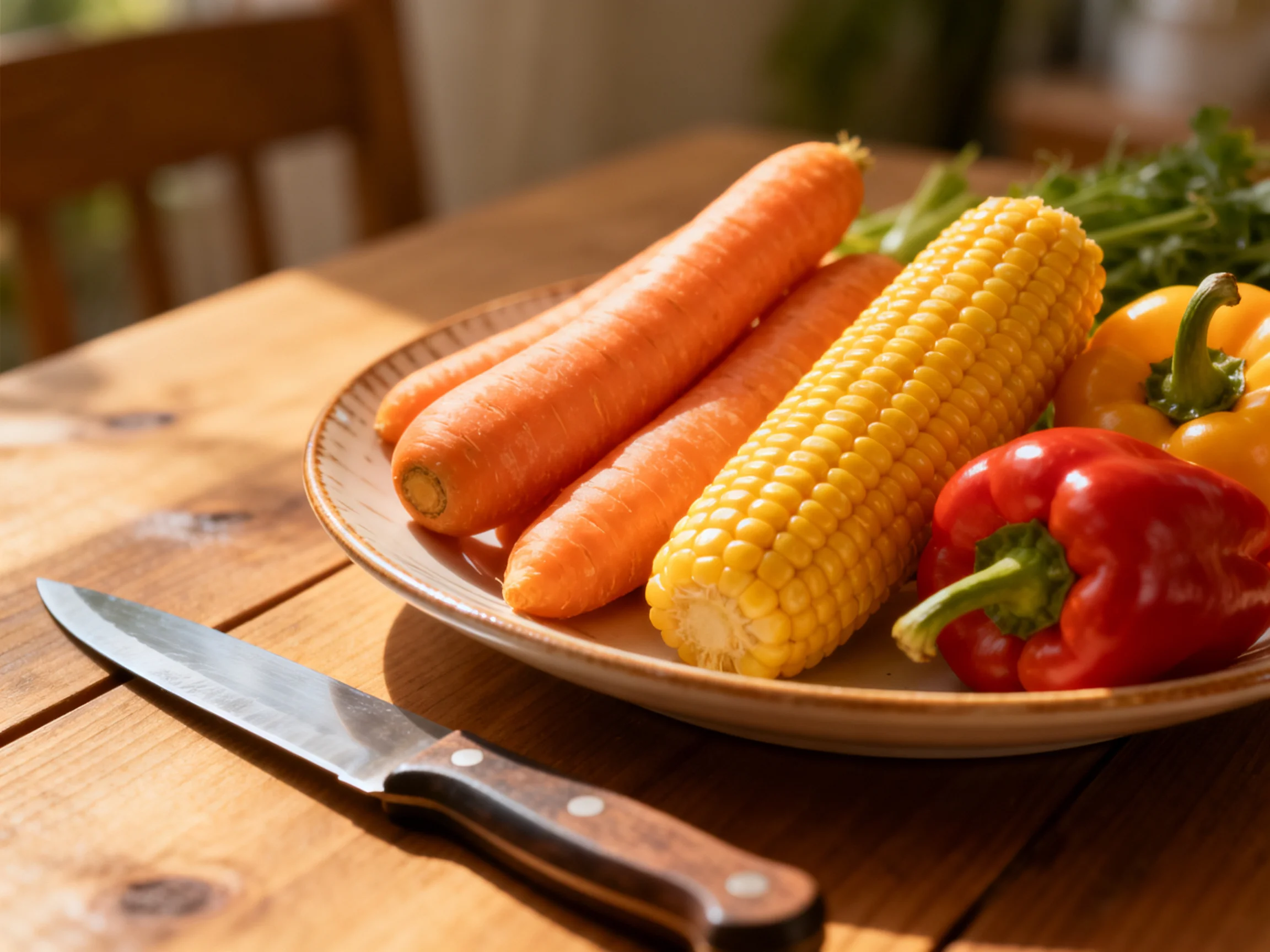 Fresh vegetables such as carrots, corn, and bell peppers on a wooden table with a knife