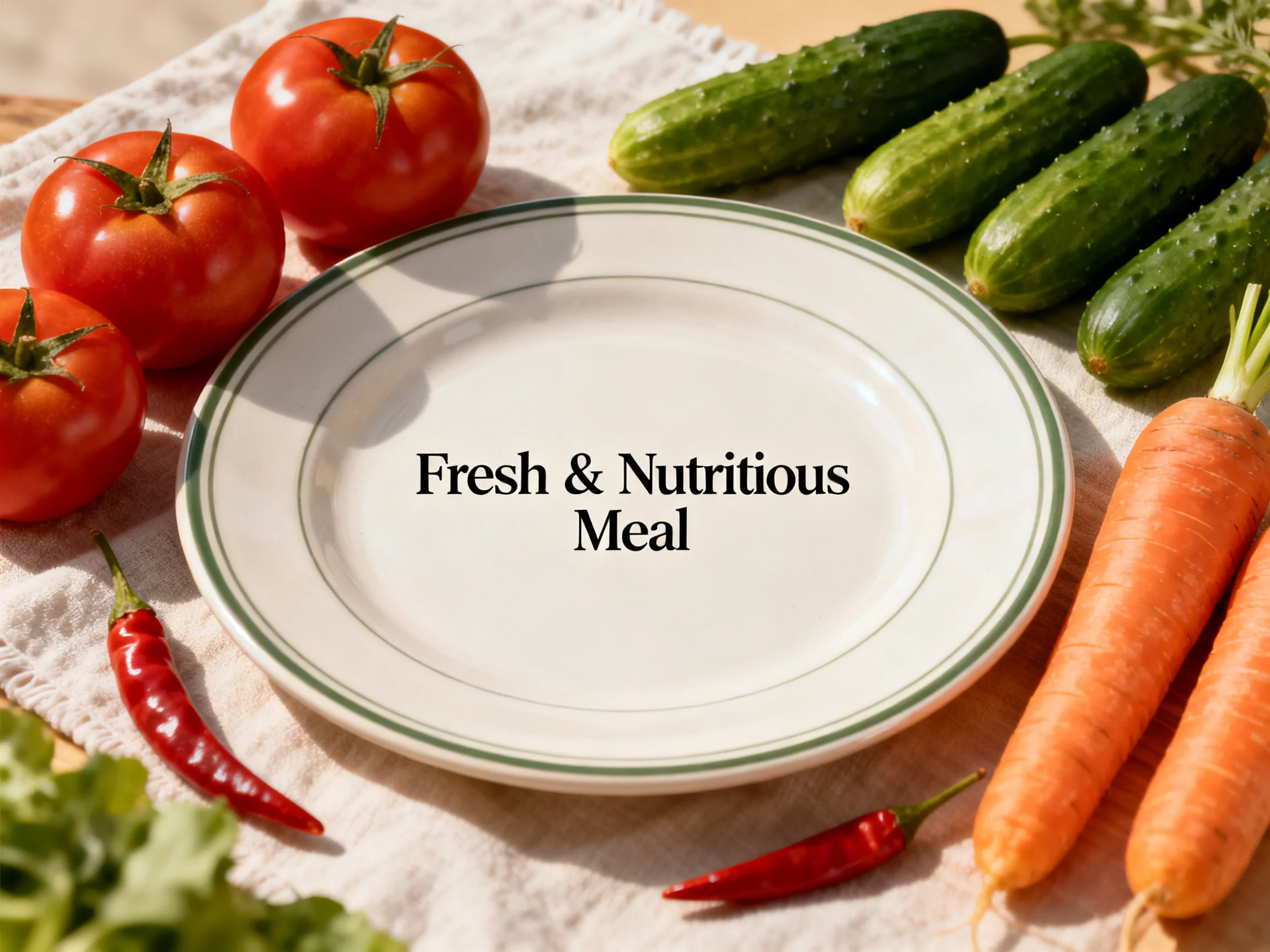 Fresh vegetables surround a plate labeled Fresh & Nutritious Meal