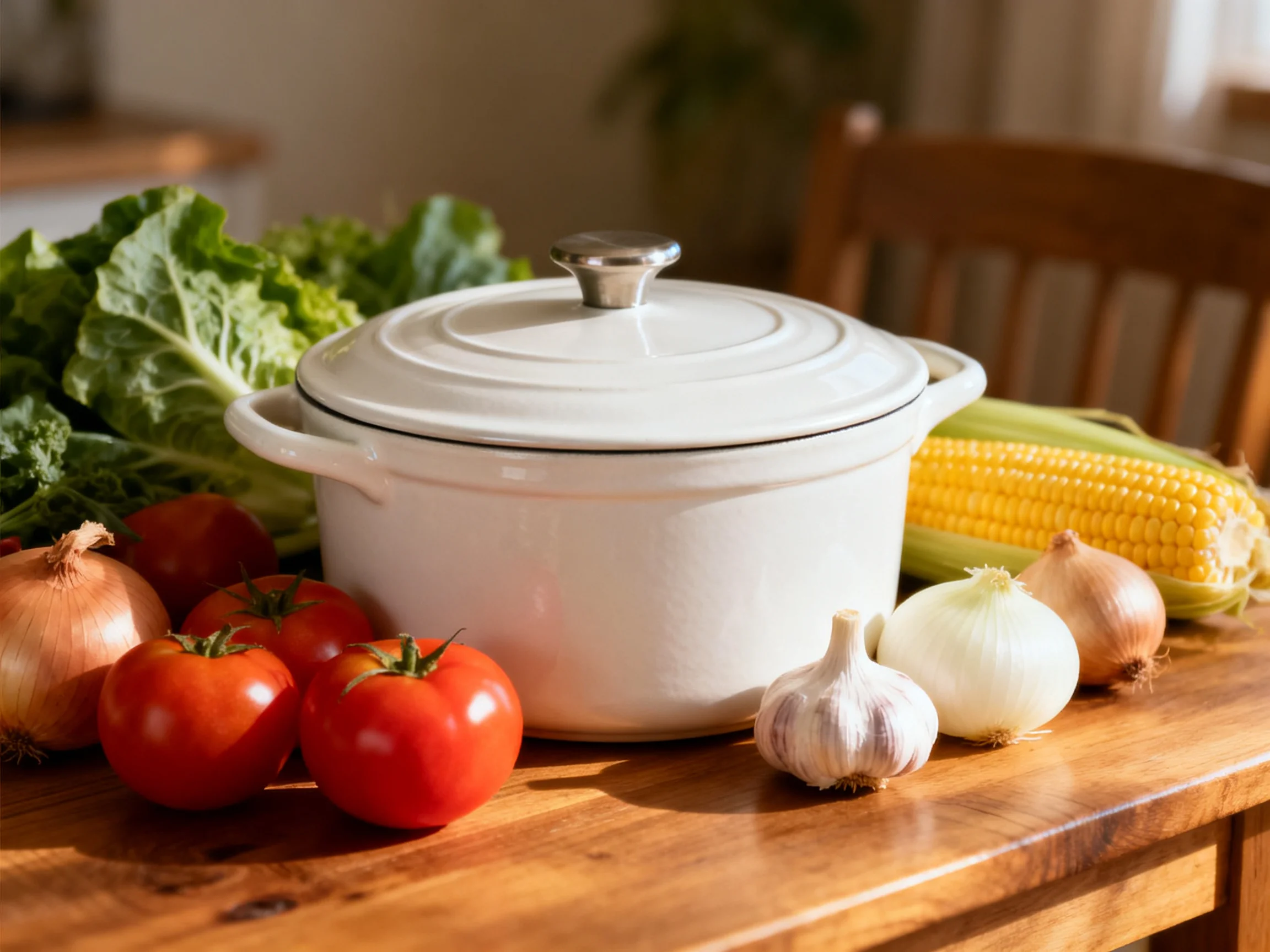 Fresh vegetables surround a white pot on a wooden table