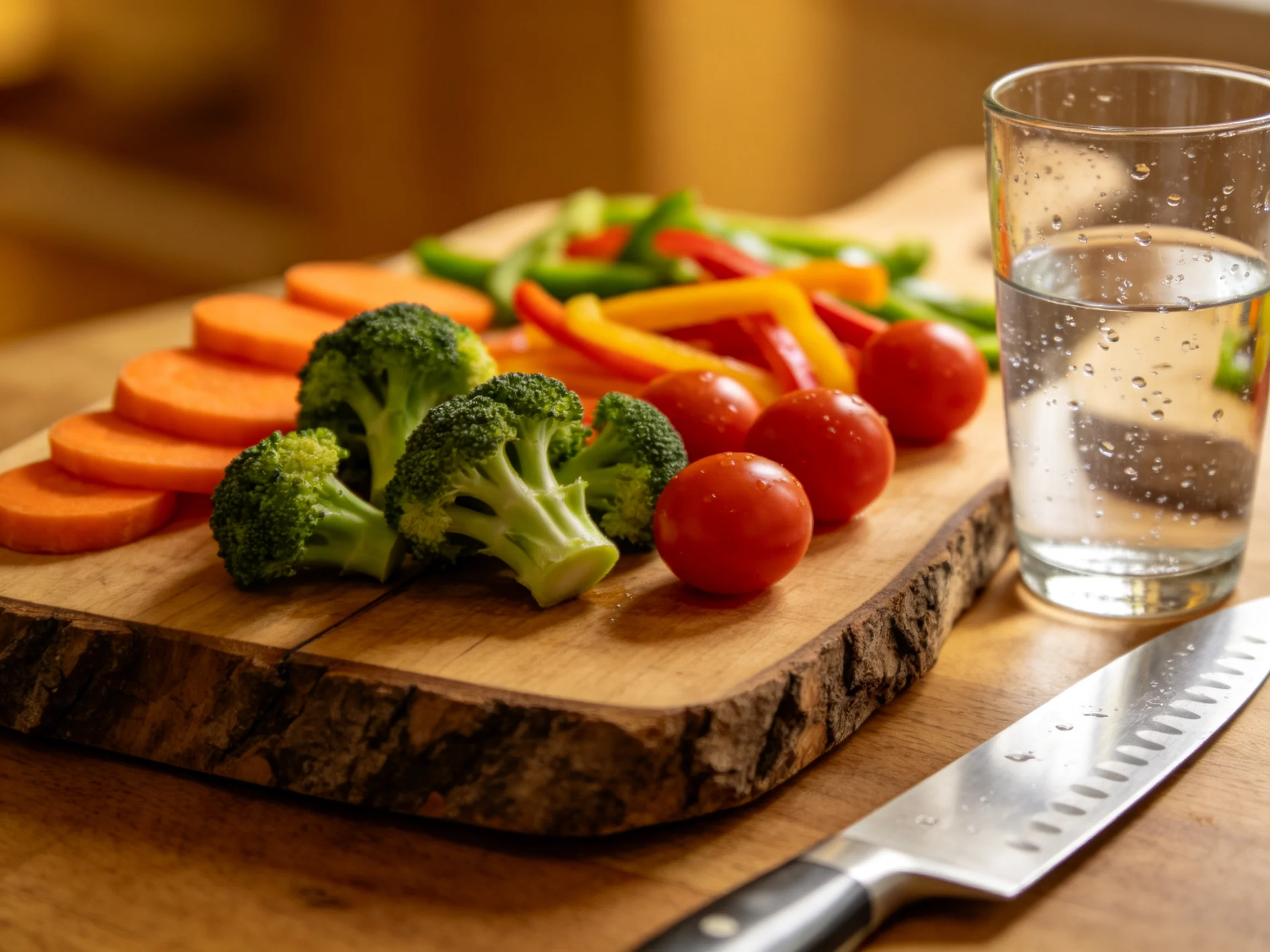 Fresh vegetables, water glass, and knife on rustic wooden cutting board