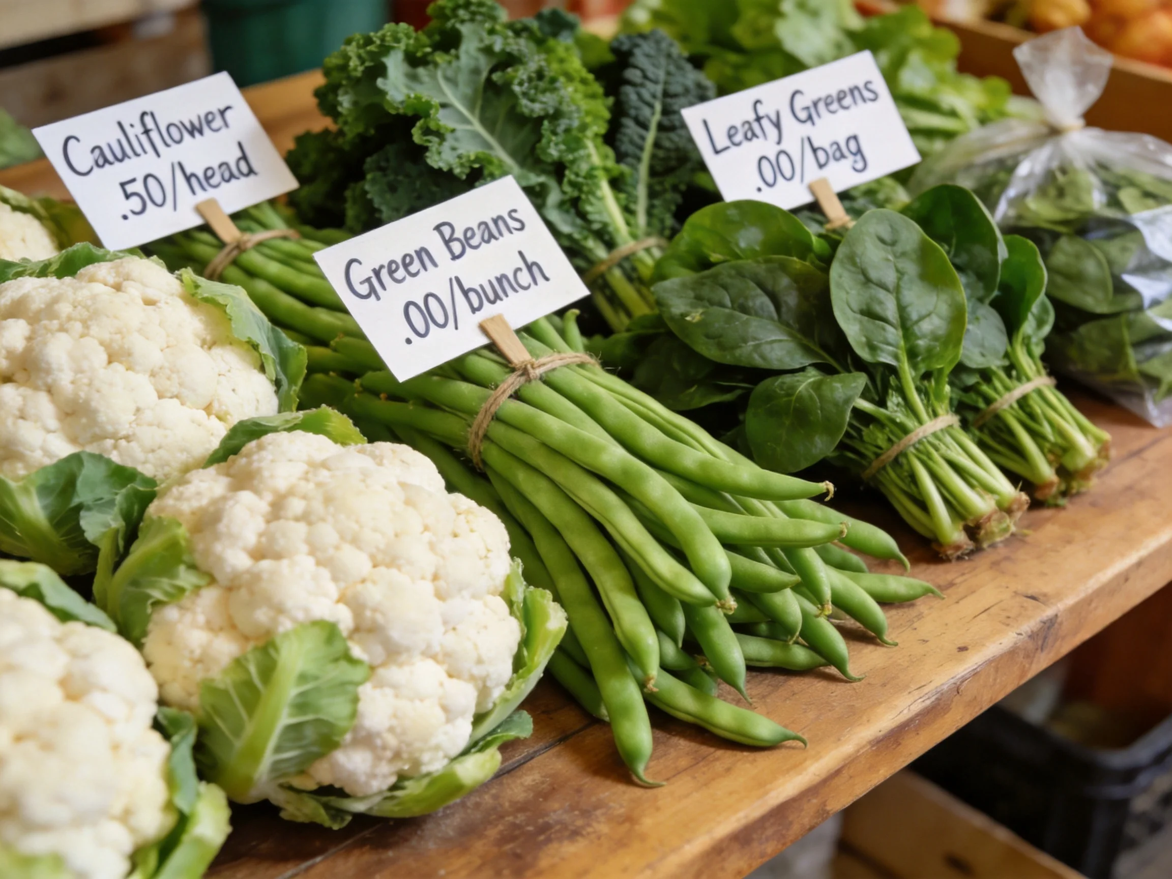 Fresh vegetables with price signs on a rustic wooden display table