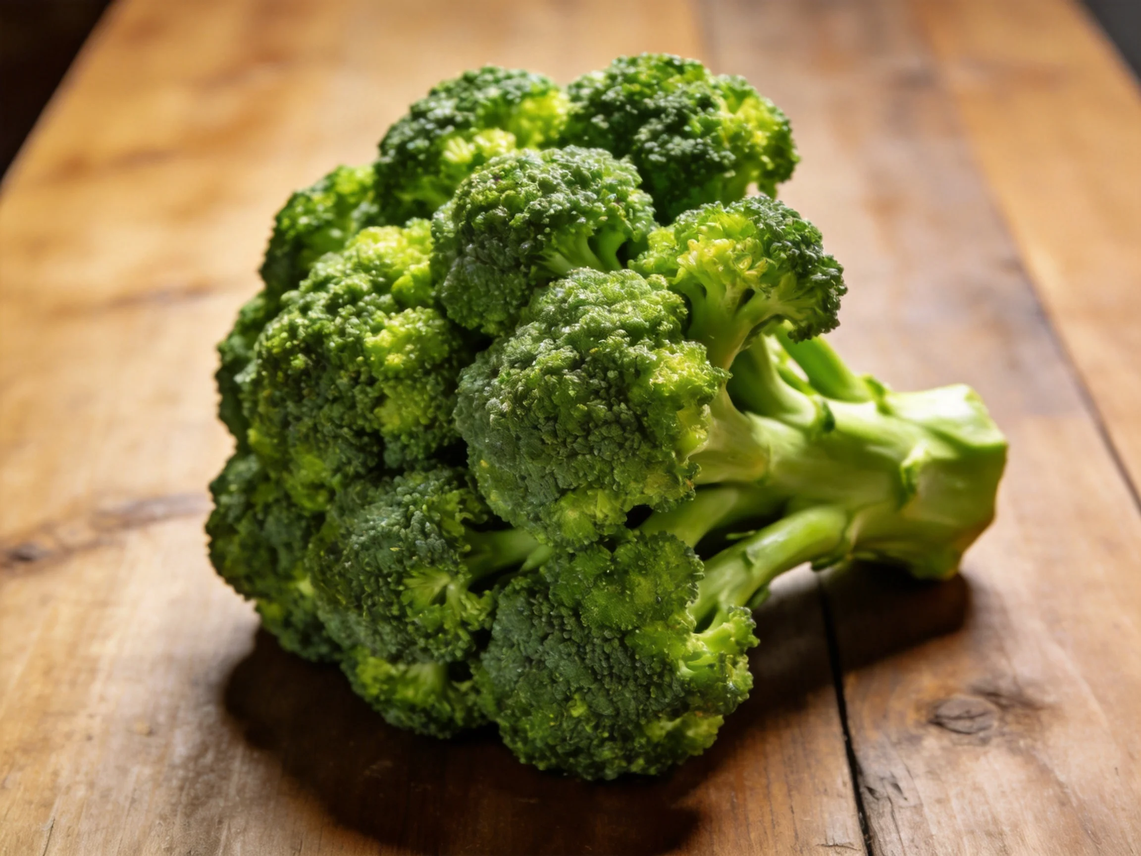 Fresh vibrant broccoli florets on a rustic woodensurface