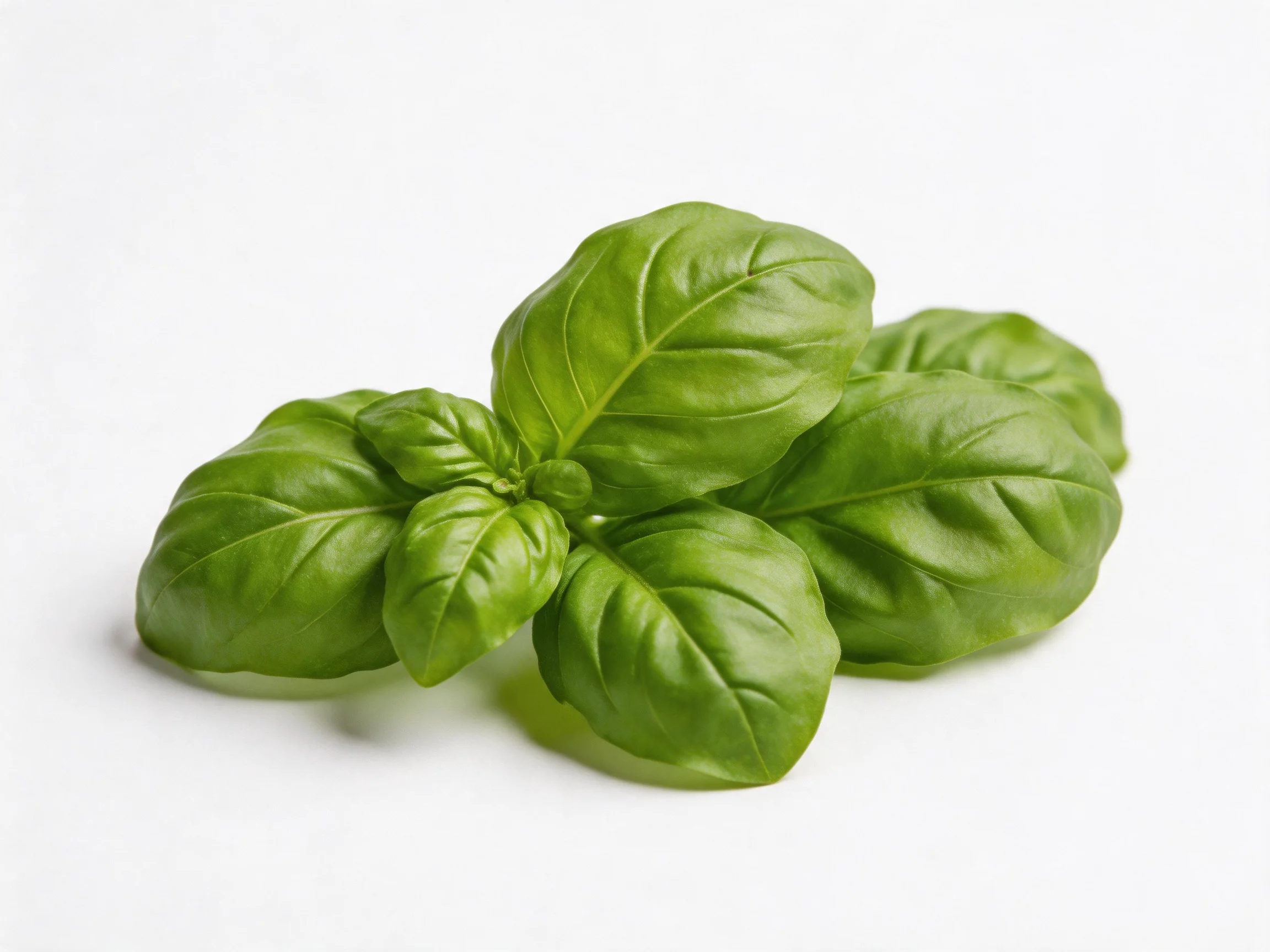Fresh vibrant green basil leaves clustered on a white background