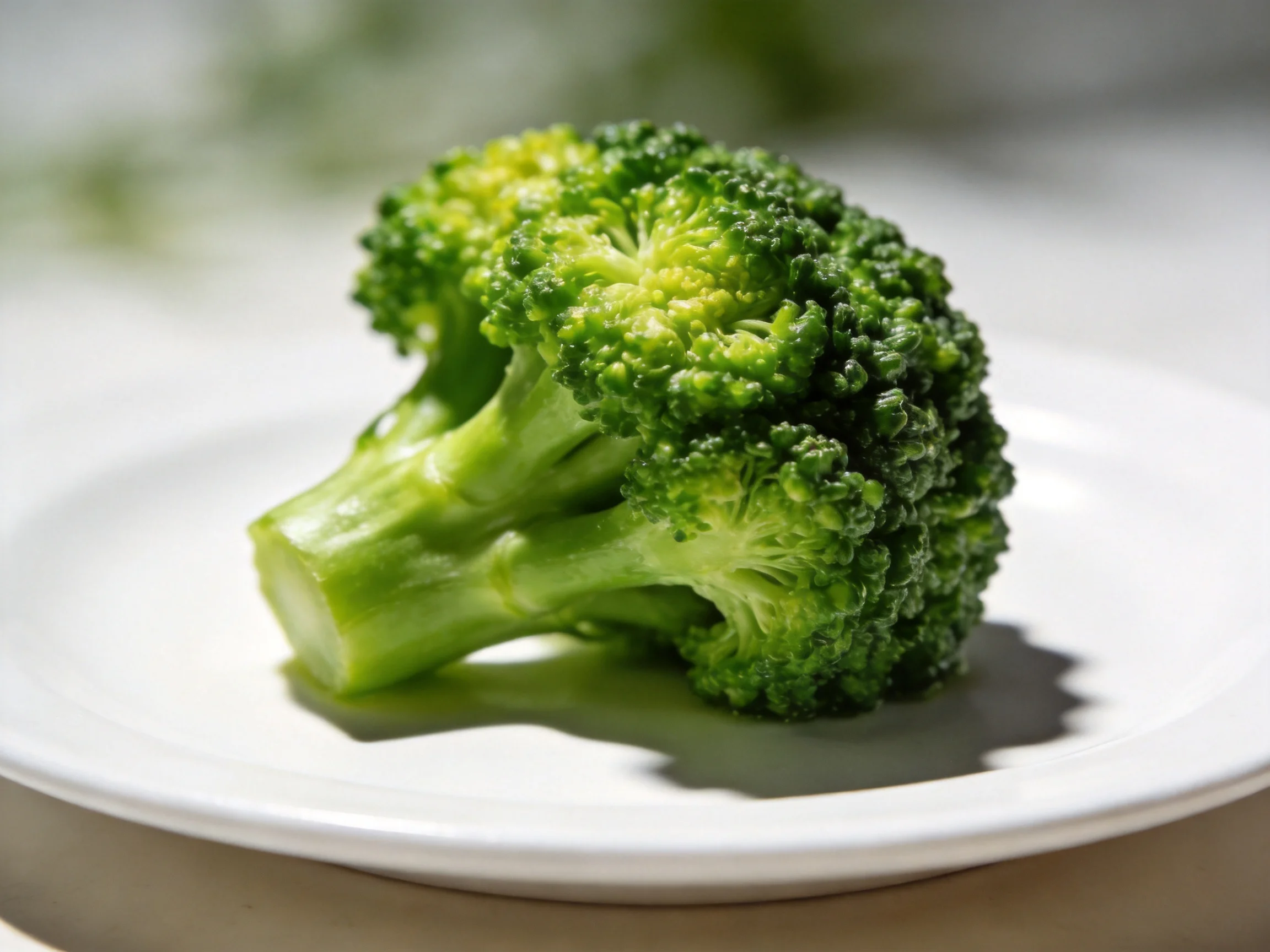 Fresh vibrant green broccoli florets arranged on a plain white plate