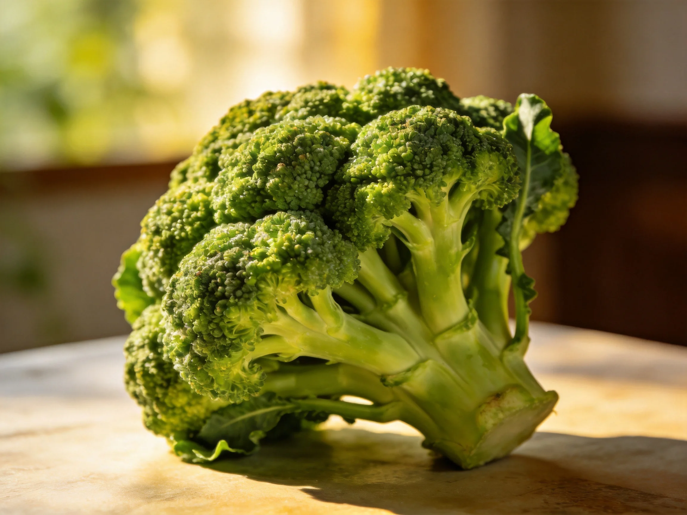 Fresh vibrant green broccoli head on a wooden surface with warm sunlight