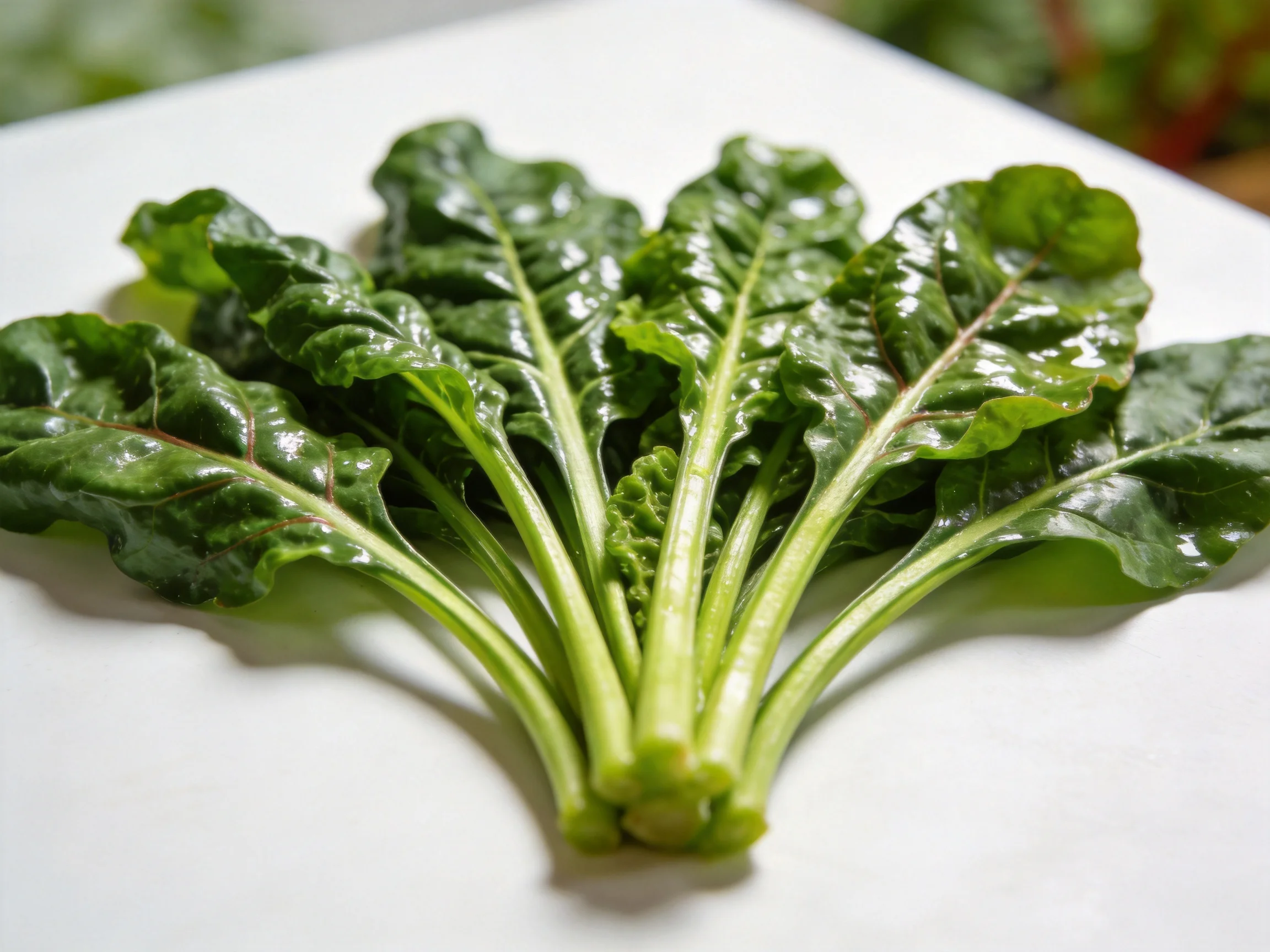 Fresh vibrant green leafy vegetables clustered on a white surface
