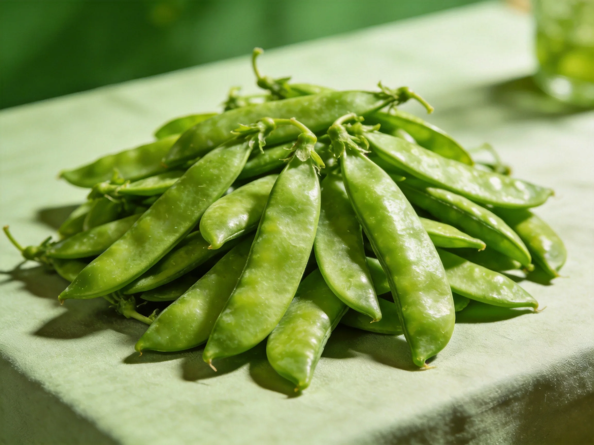 Fresh vibrant green sugar snap peas arranged on a soft green cloth