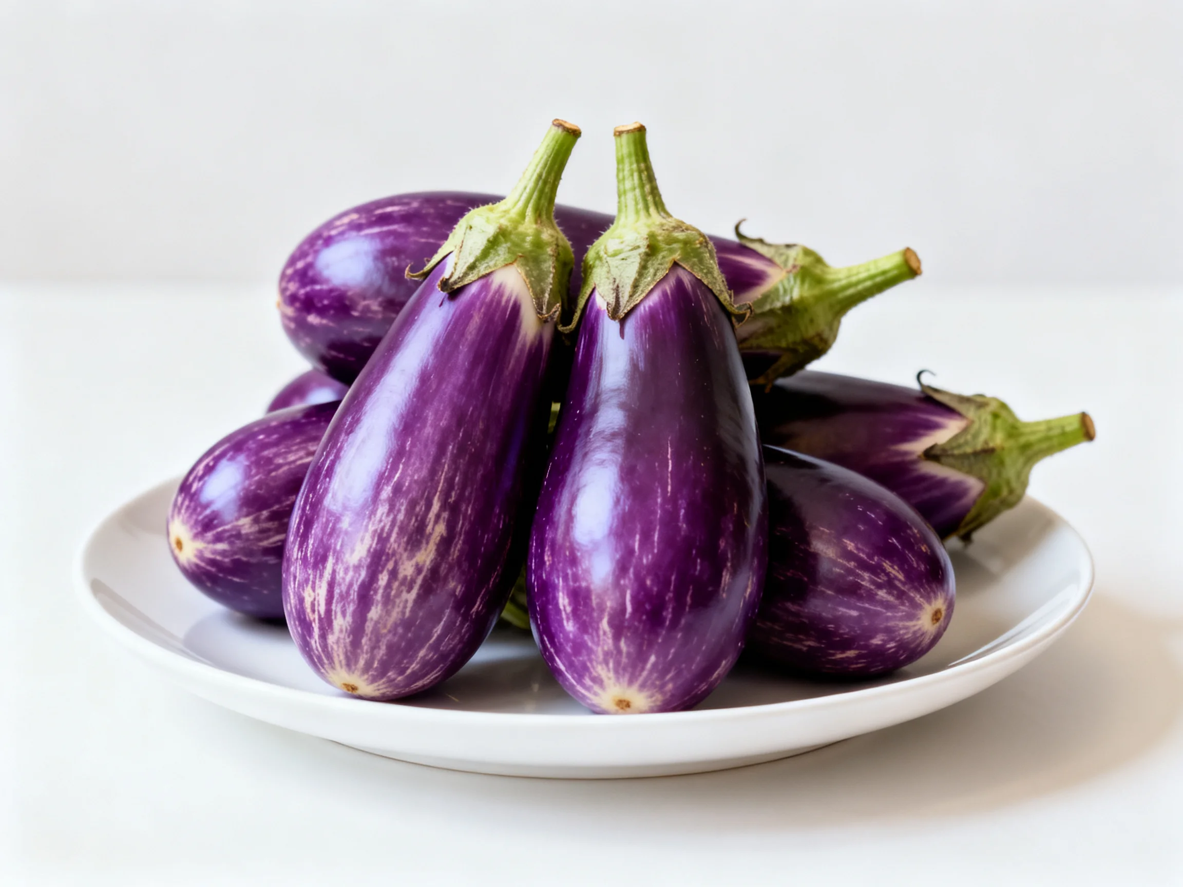 Fresh vibrant purple eggplants arranged on a white plate