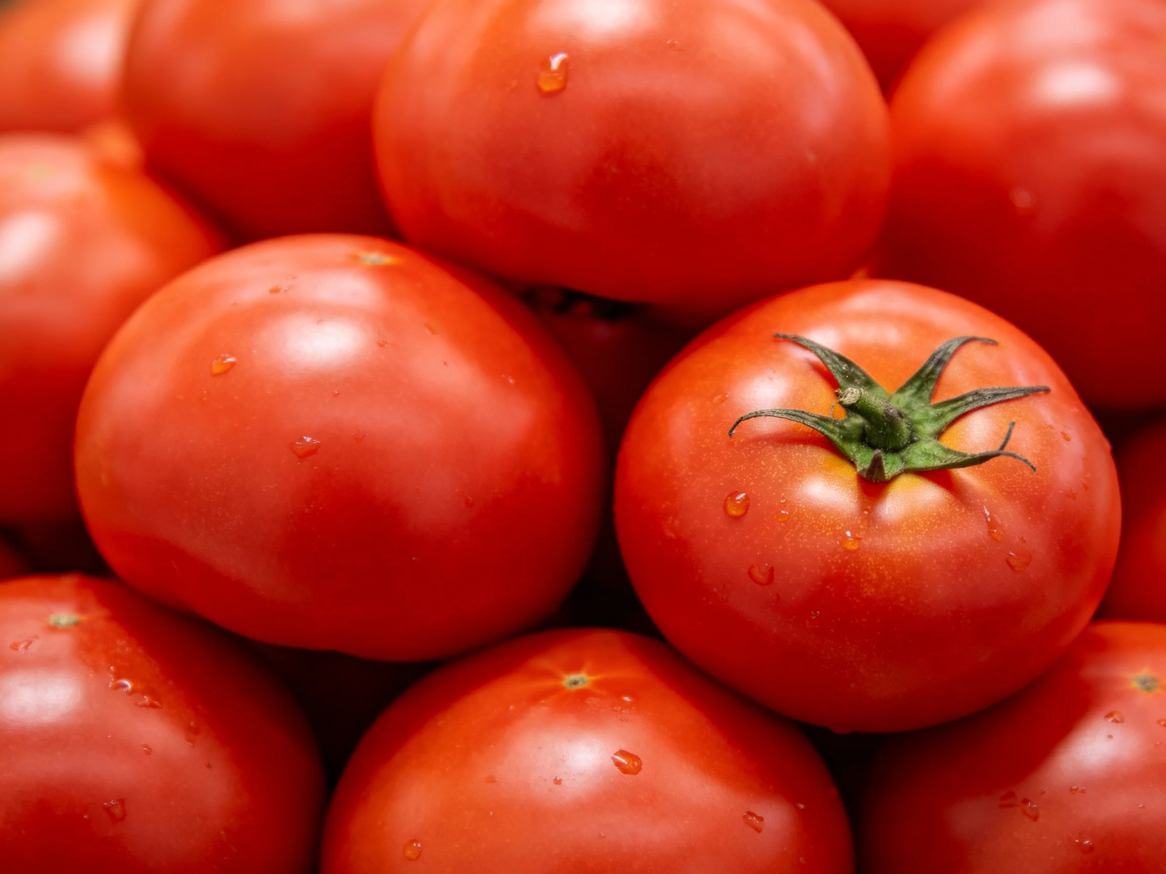 Fresh vibrant red tomatoes clustered with water droplets