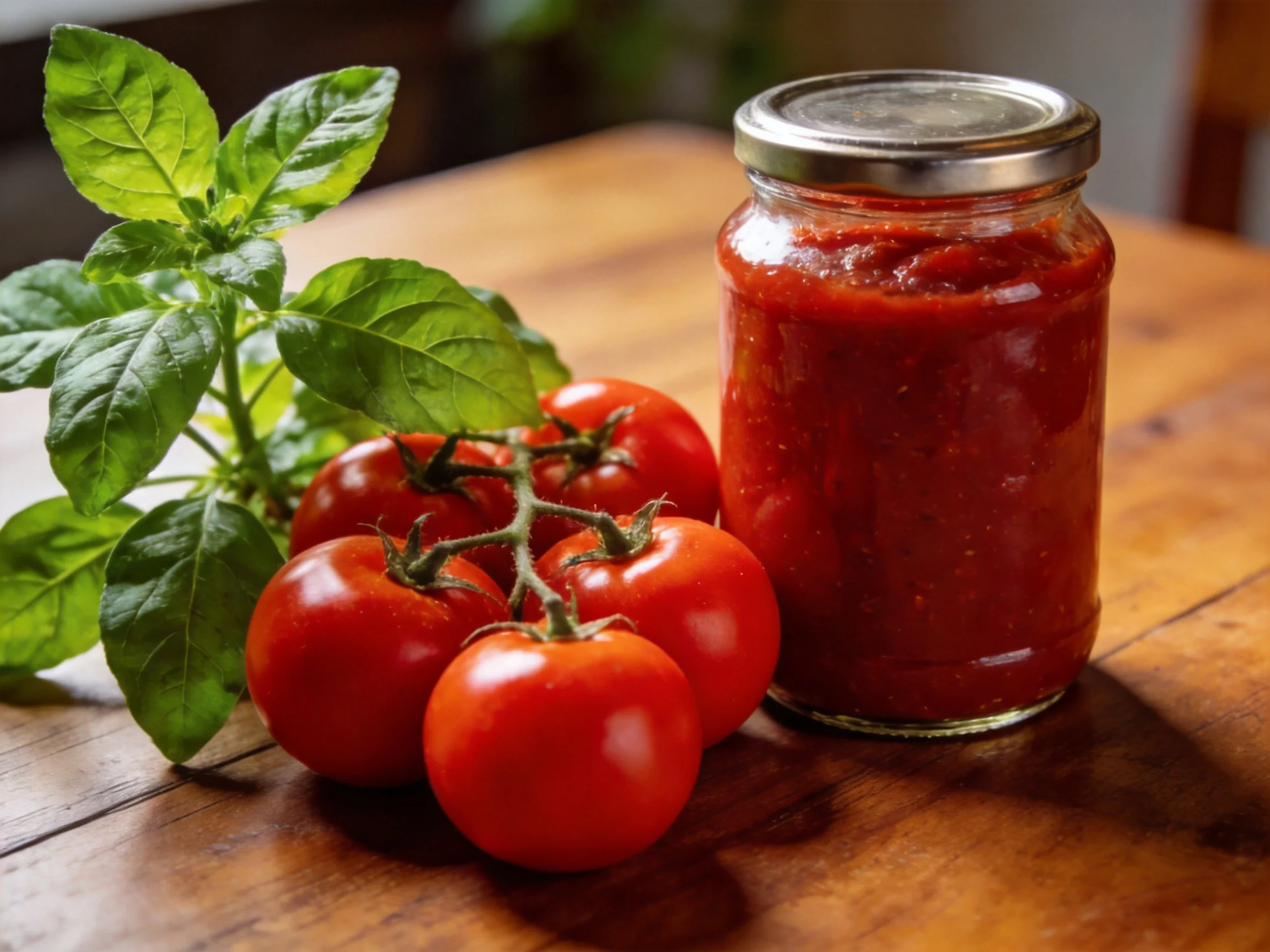 Fresh vine tomatoes, basil sprigs, and a glass jar of red sauce on a wooden table