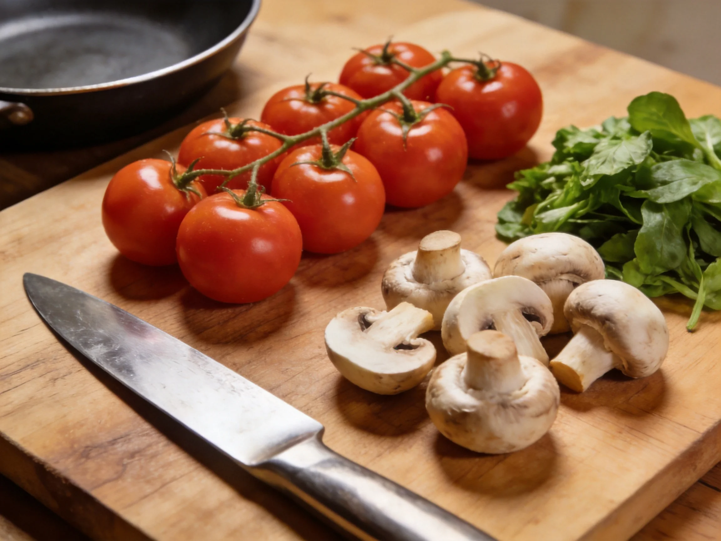 Fresh vine tomatoes, sliced mushrooms, leafy greens, and a knife on a wooden cutting board