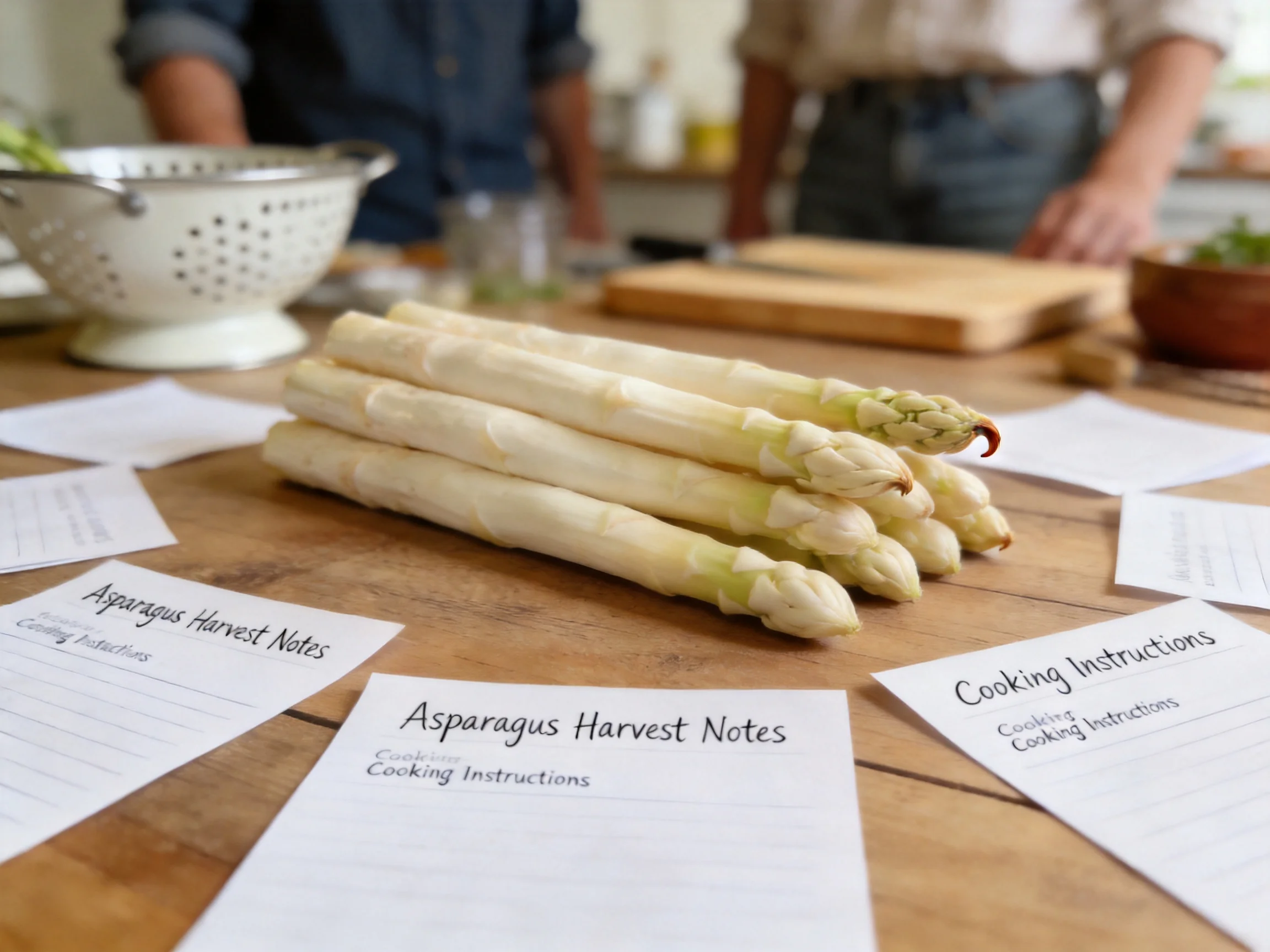Fresh white asparagus bundle on a wooden table with recipe cards and kitchen tools
