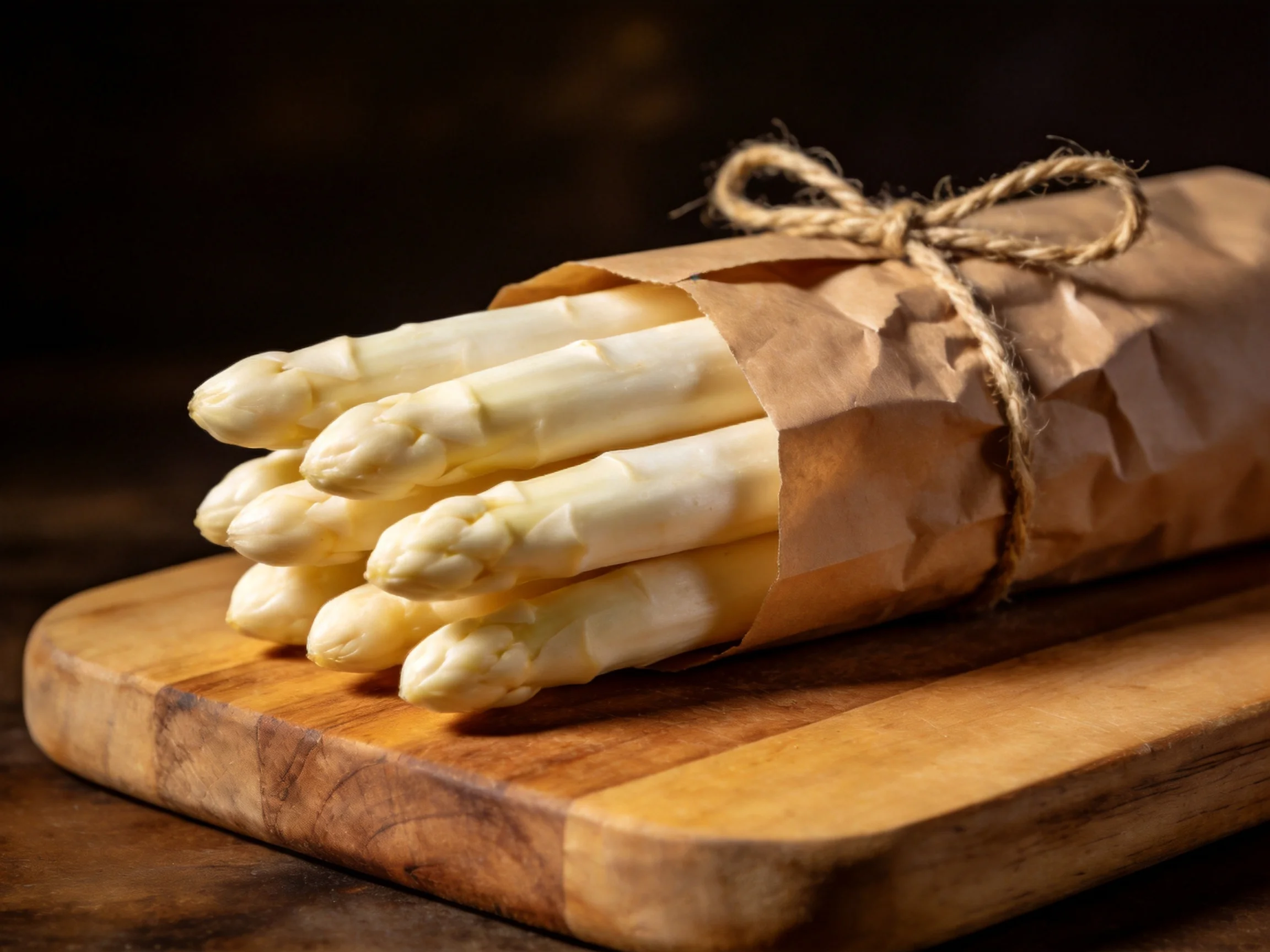 Fresh white asparagus bundle wrapped in brown paper on wooden cutting board