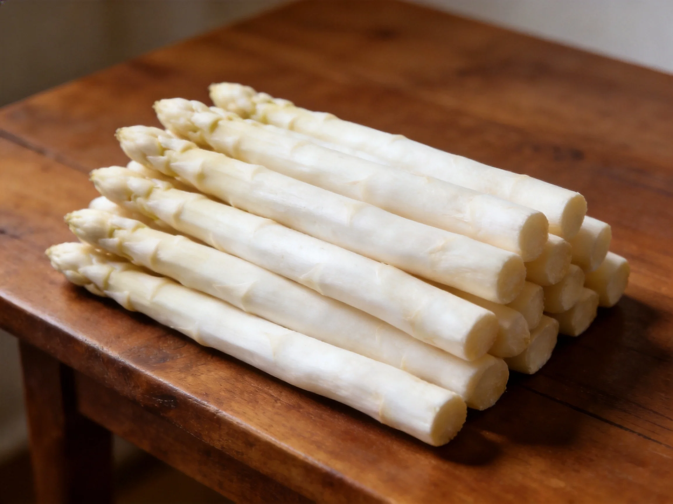 Fresh white asparagus neatly arranged on a polished brown wooden table