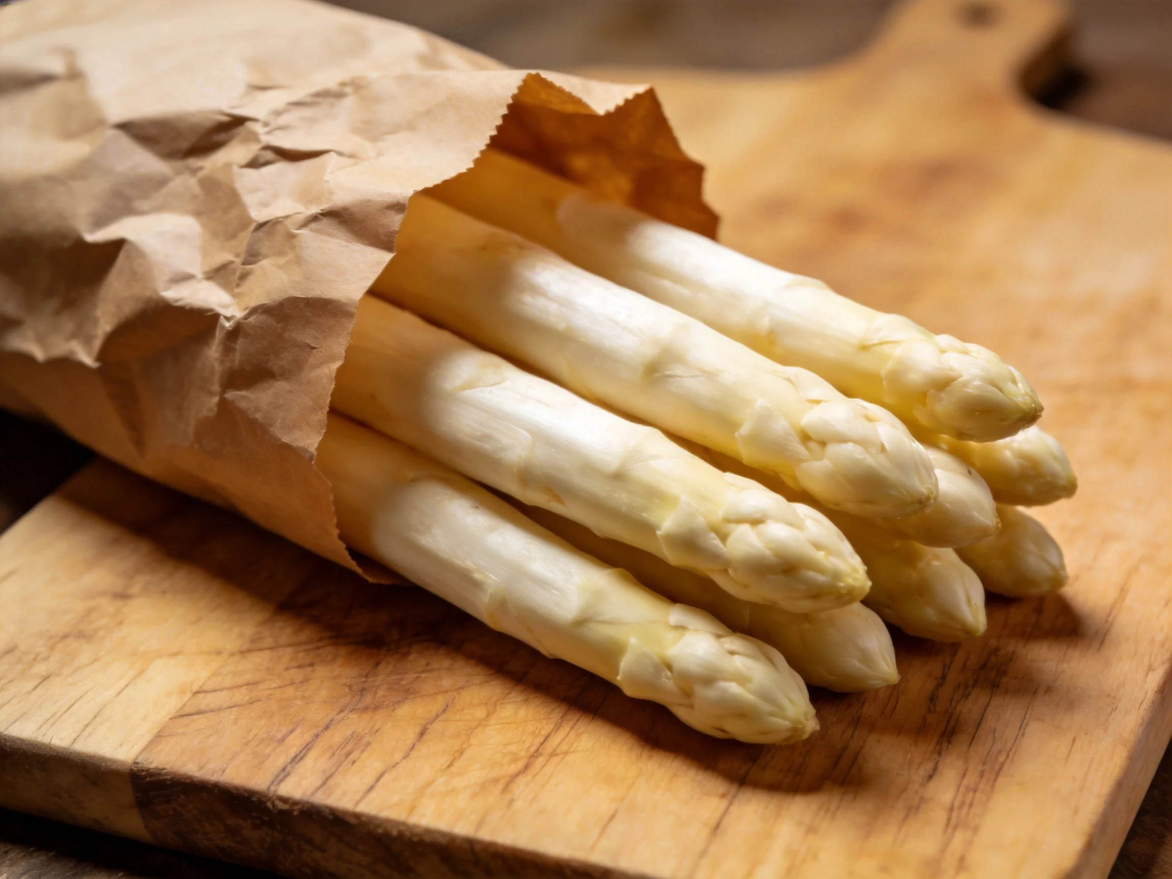 Fresh white asparagus wrapped in brown paper on wooden cutting board