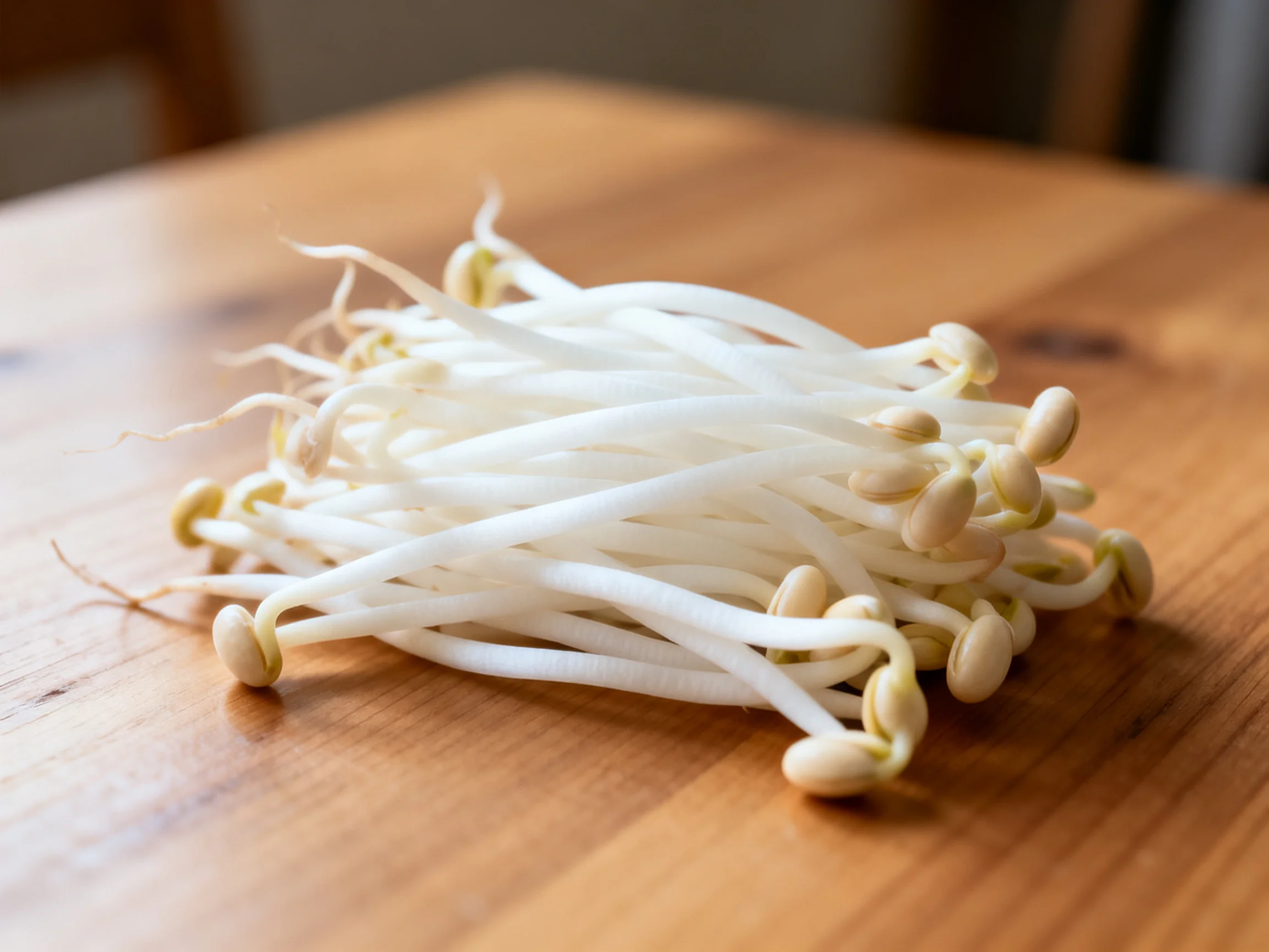 Fresh white bean sprouts clustered on a smooth wooden table