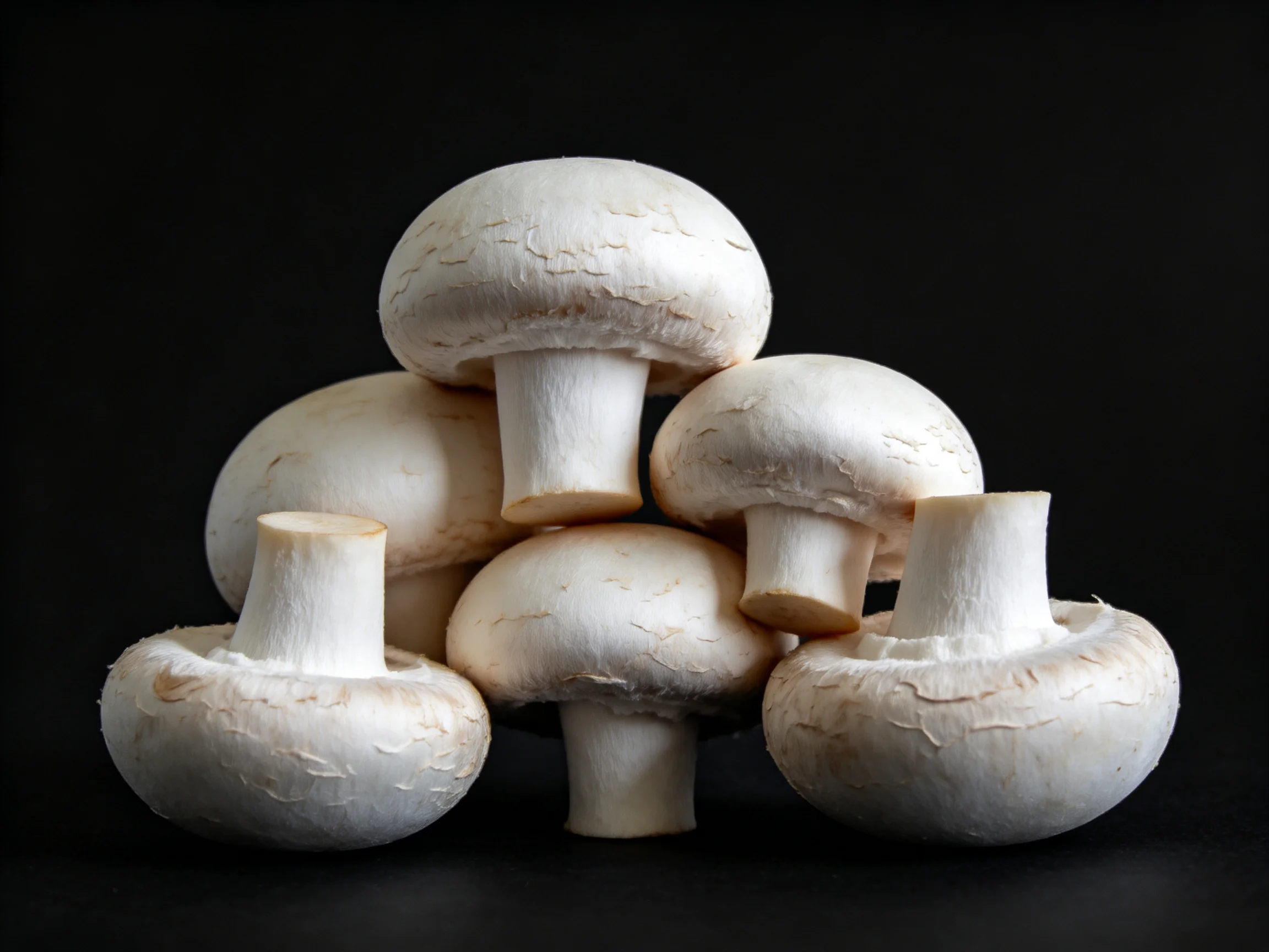 Fresh white button mushrooms arranged in a pyramid on a dark background