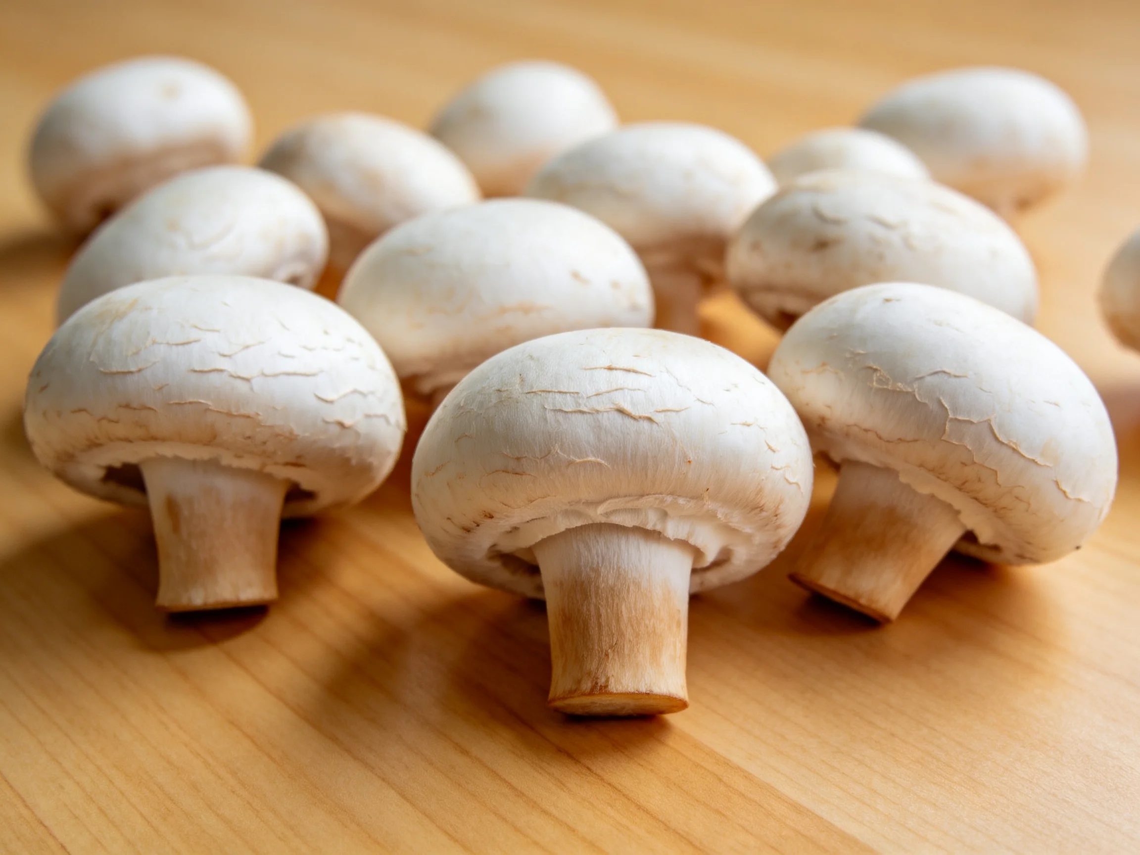 Fresh white button mushrooms arranged on a light brown woodensurface
