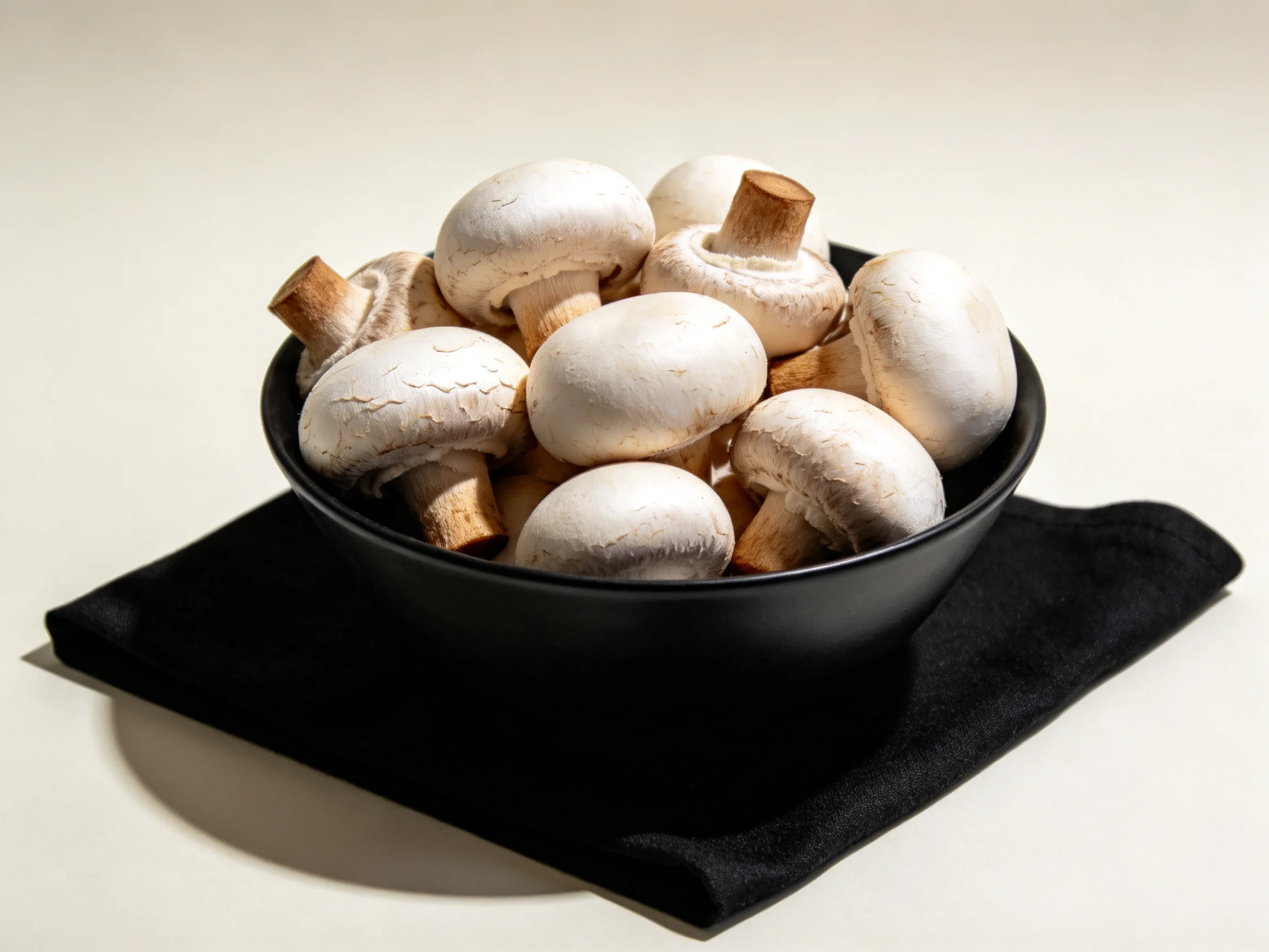Fresh white button mushrooms in a black bowl on a dark cloth