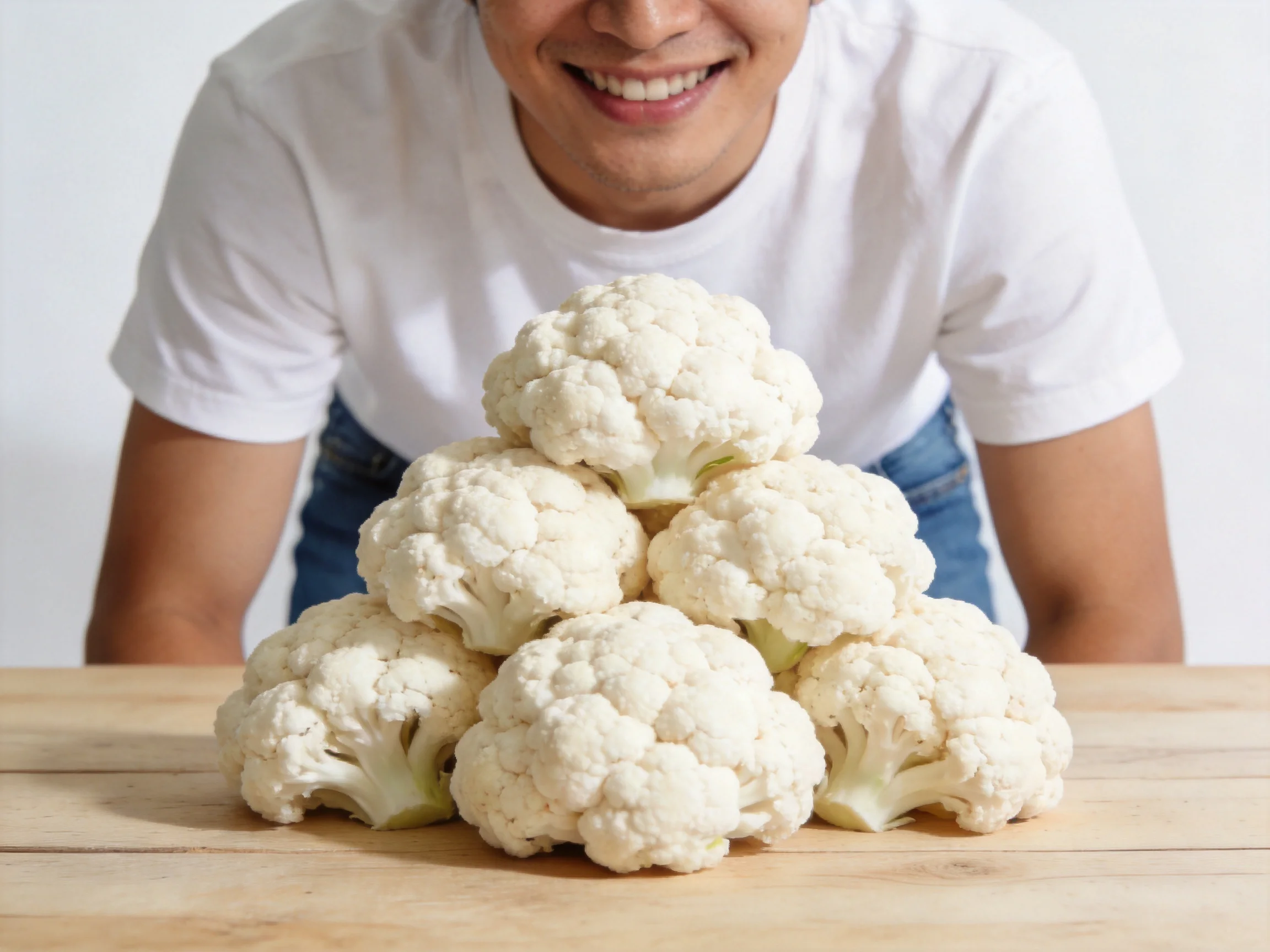 Fresh white cauliflower arranged in a pyramid on a wooden table with a smiling individual