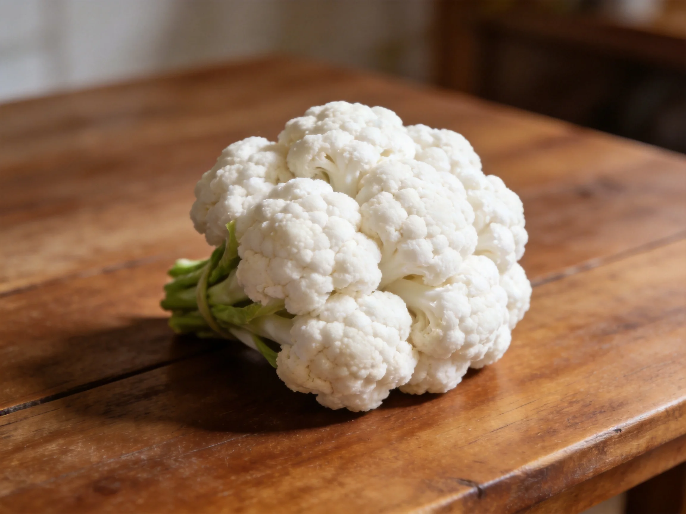 Fresh white cauliflower on a polished wooden table