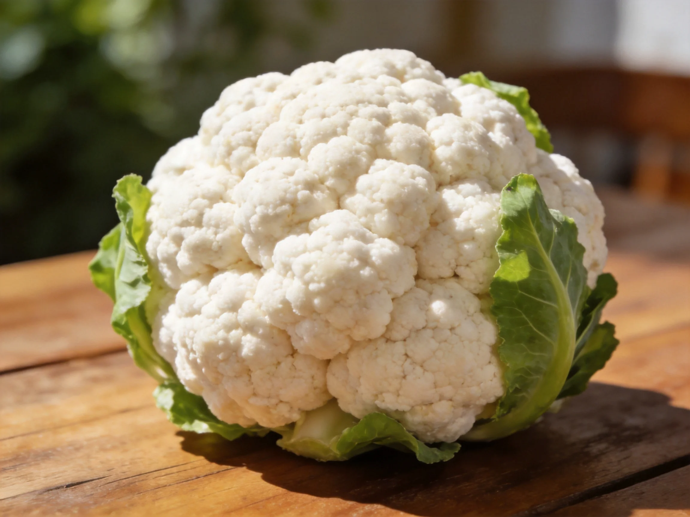 Fresh white cauliflower with green leaves on wooden table outdoors