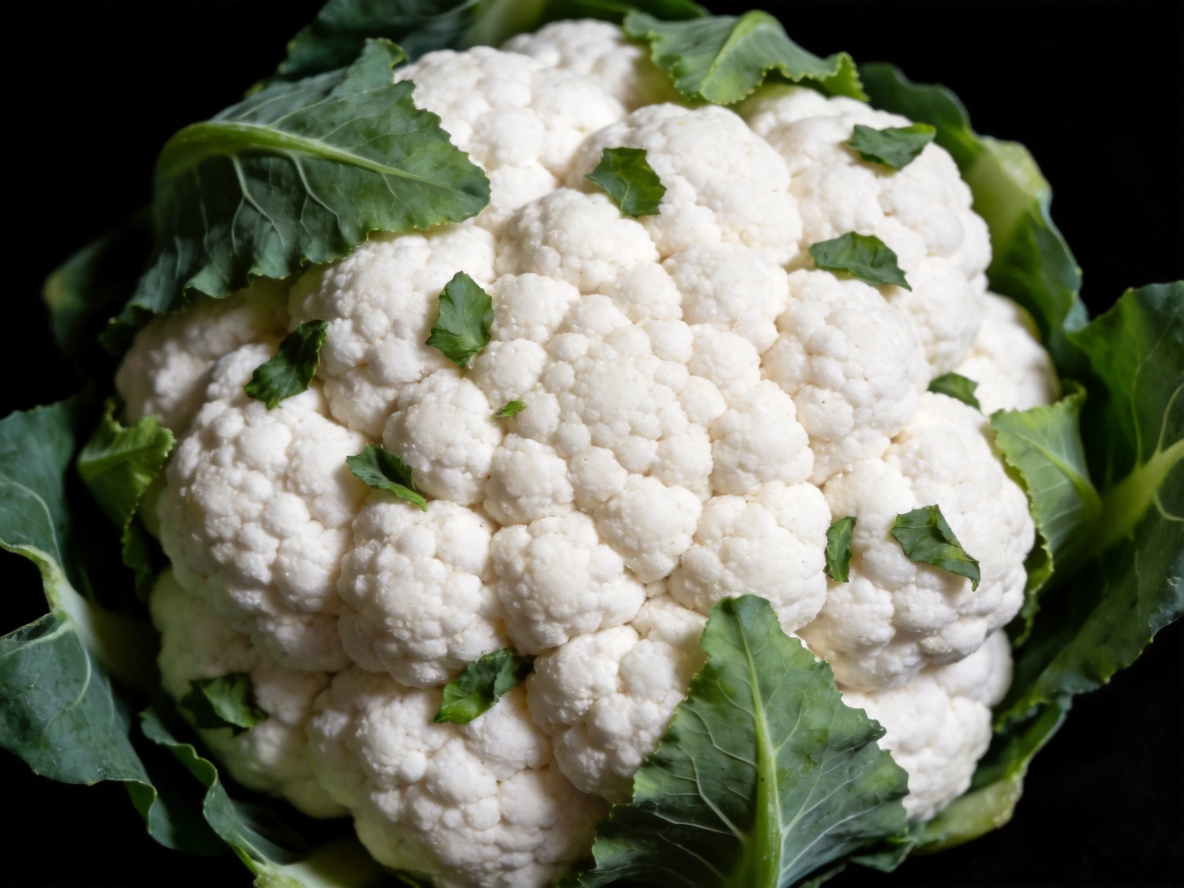Fresh white cauliflower with vibrant green leaves against dark backdrop