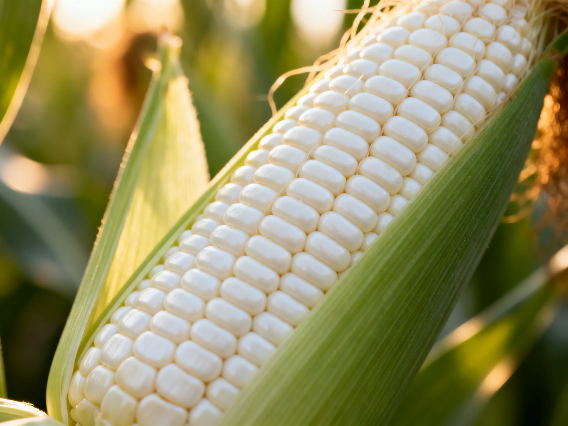 Fresh white corn on the cob with green husk in natural sunlight