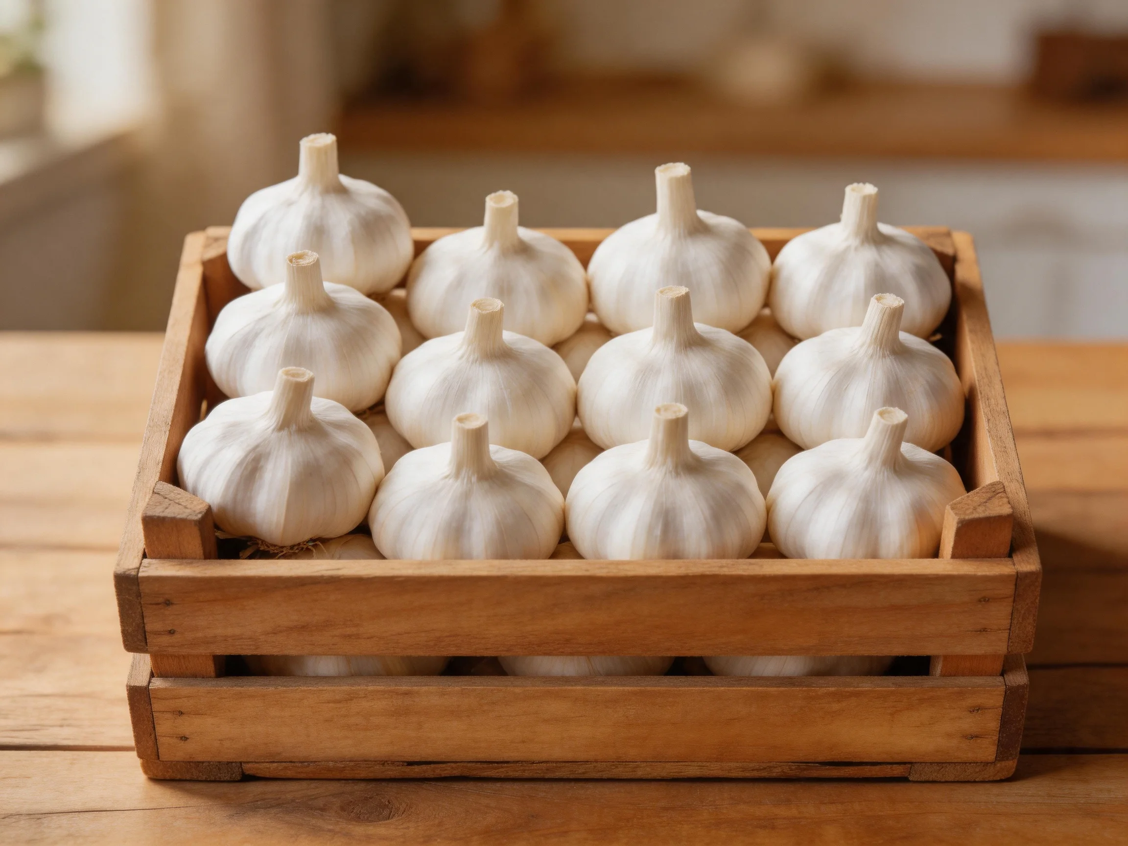 Fresh white garlic bulbs arranged in a wooden crate on a wooden table