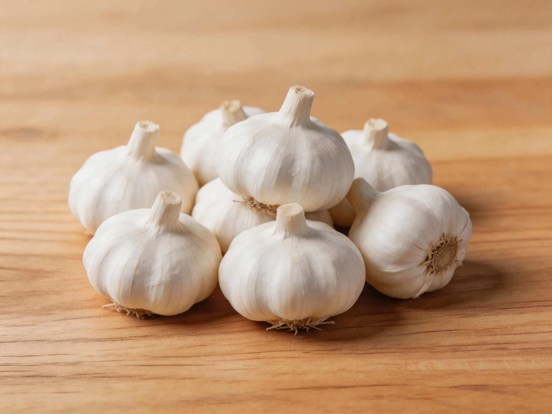 Fresh white garlic bulbs clustered on a wooden surface