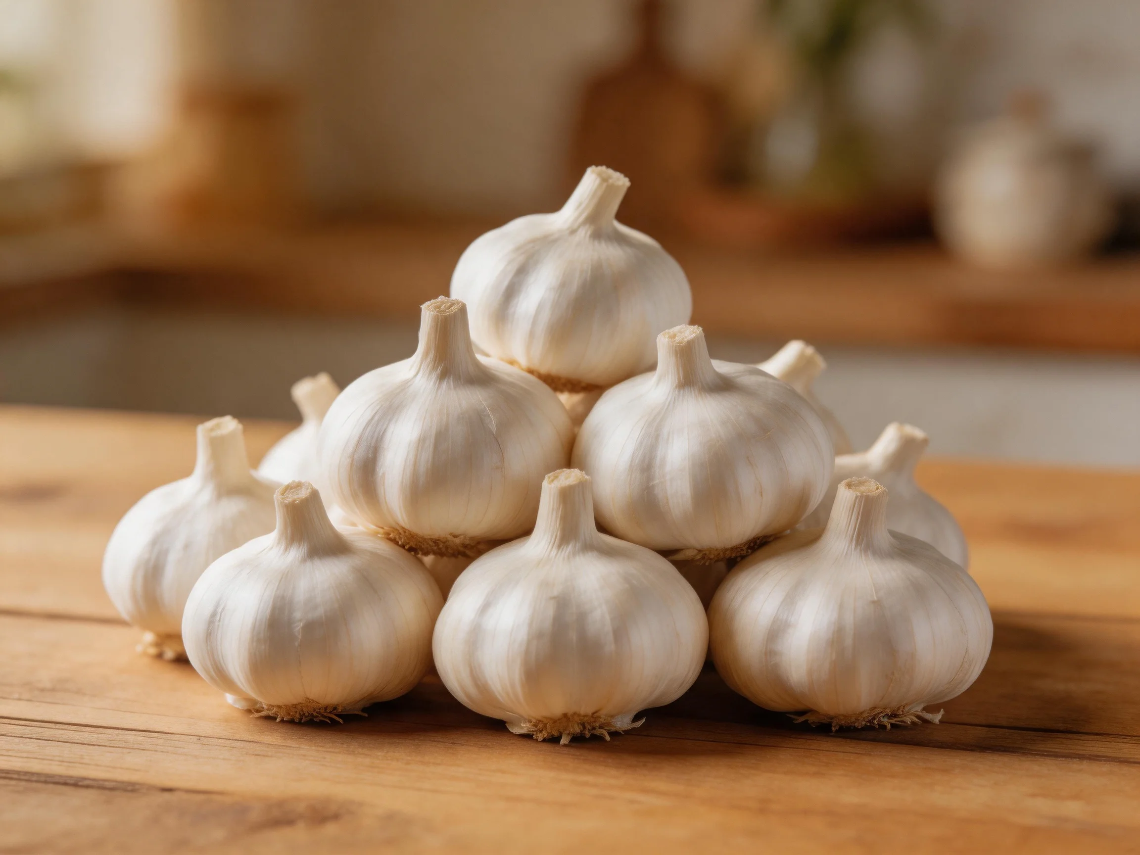 Fresh white garlic bulbs stacked in a pyramid on a wooden surface