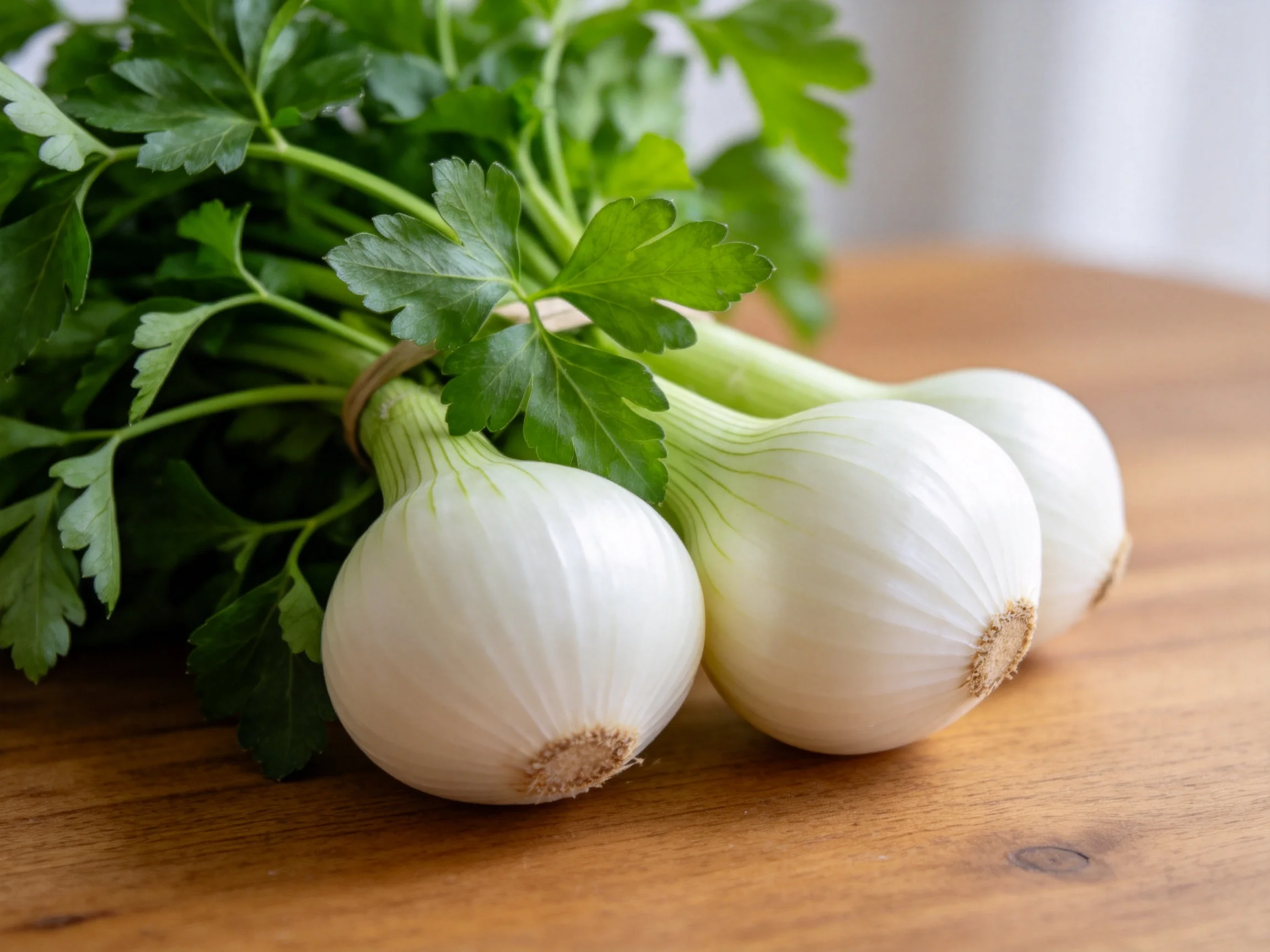 Fresh white onions and parsley bundle on a wooden cutting board