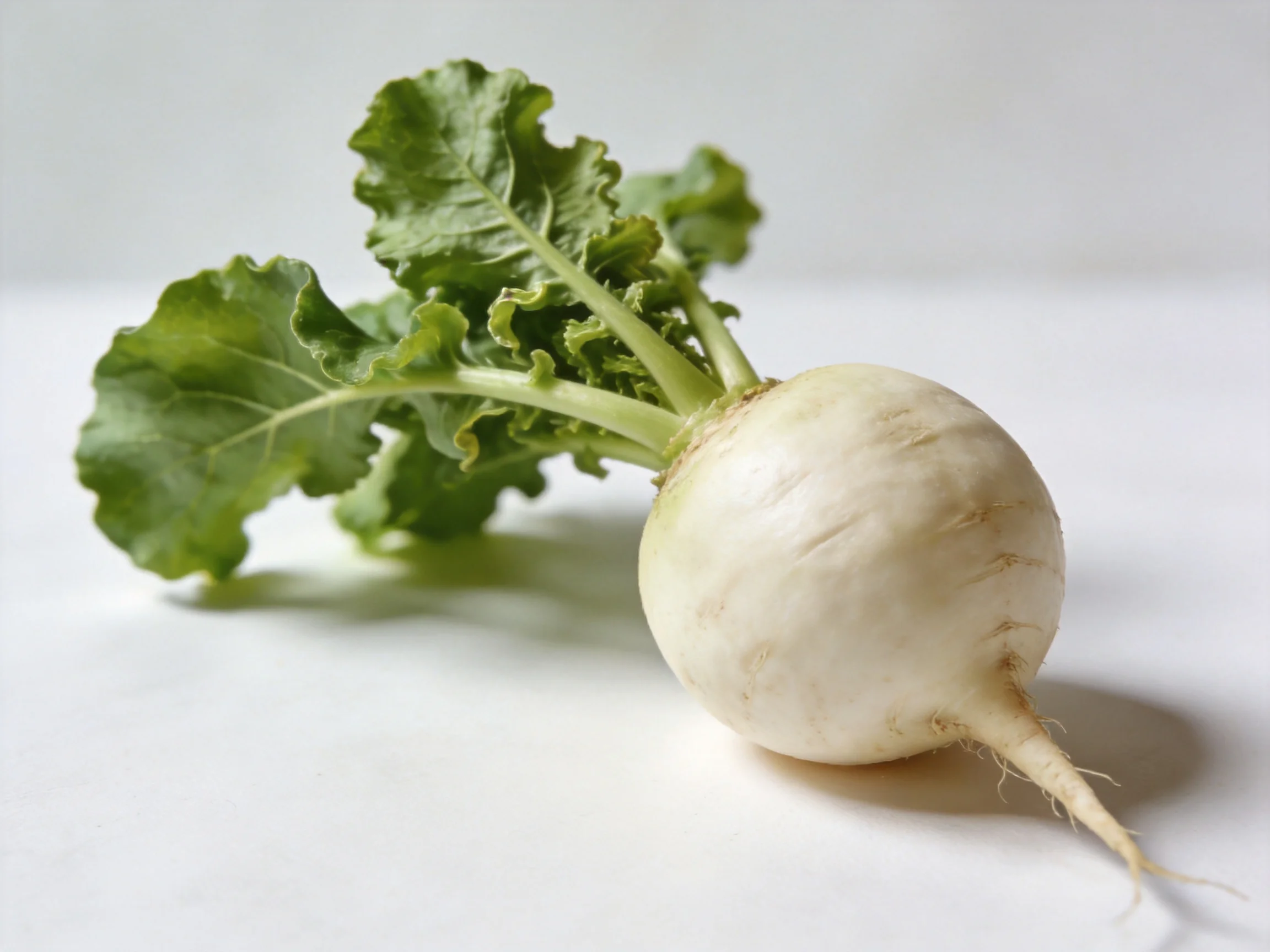 Fresh white radish with vibrant green leaves on plain surface