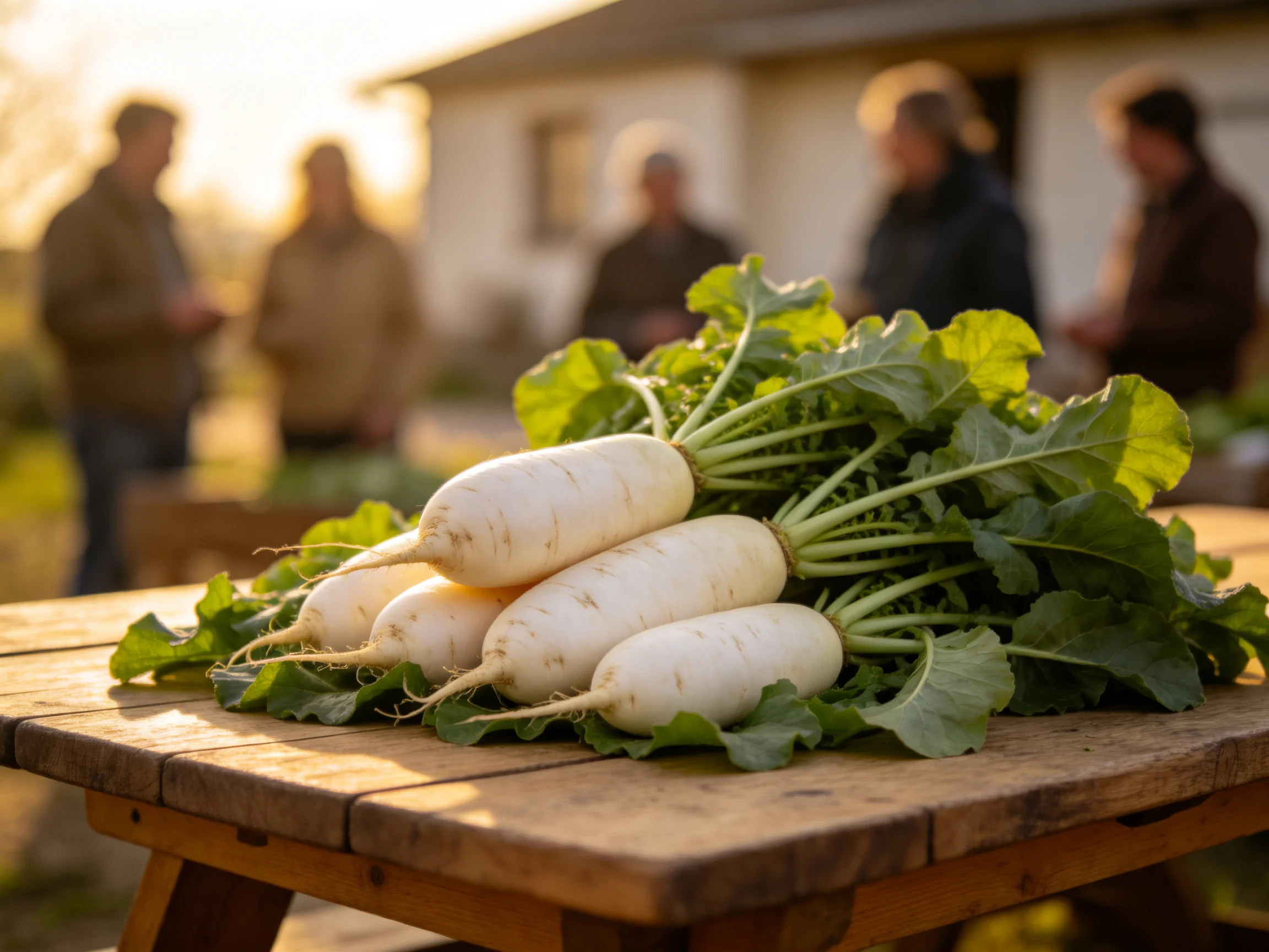 Fresh white radishes with green foliage on a wooden table near people