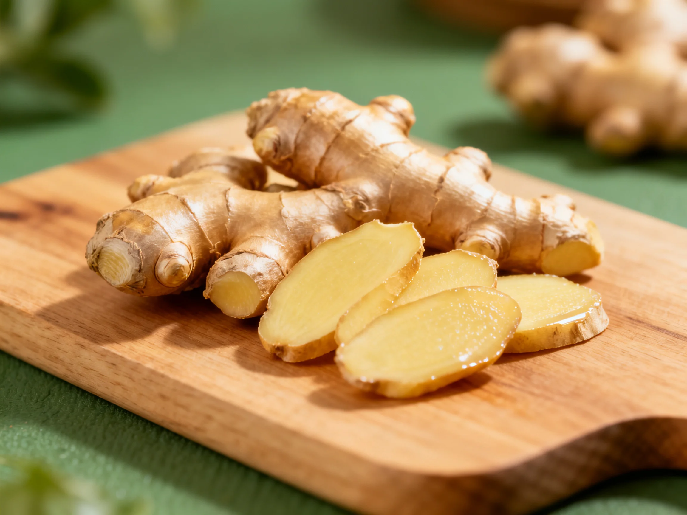 Fresh whole and sliced ginger displayed on a wooden cutting board against a green surface
