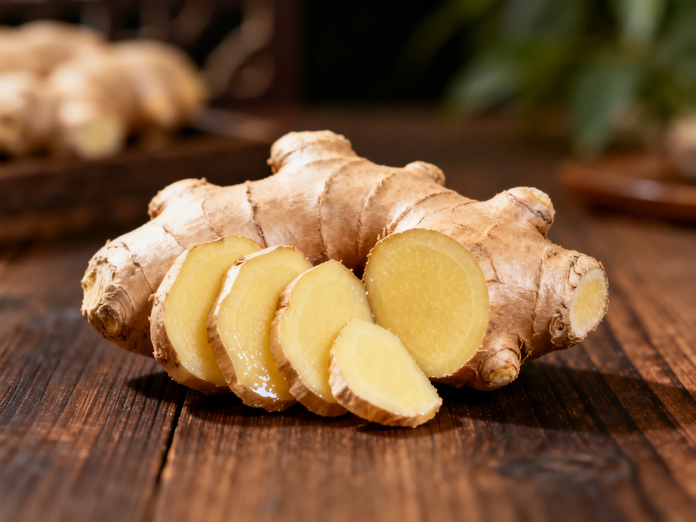 Fresh whole and sliced ginger on a dark wooden table