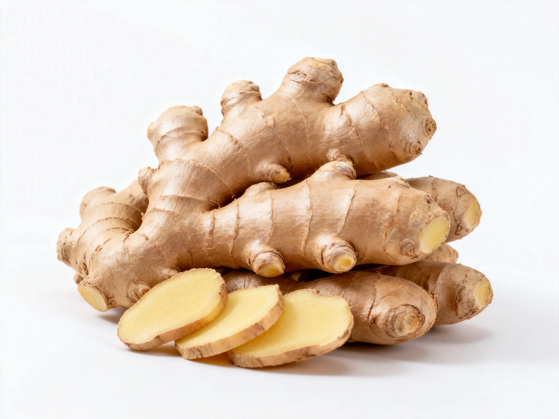 Fresh whole and sliced ginger roots displayed on white