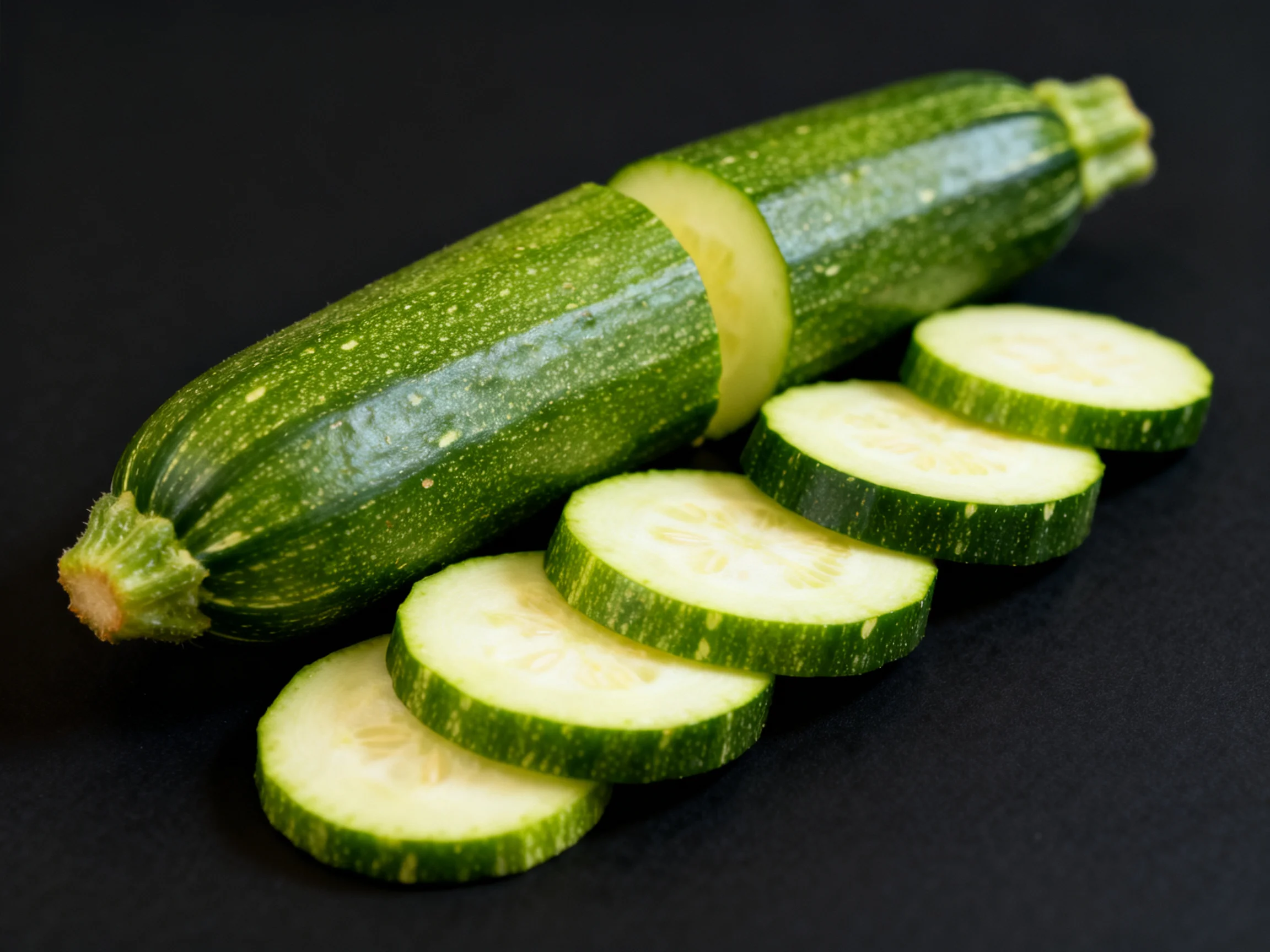 Fresh whole and sliced green zucchinis with speckled skin