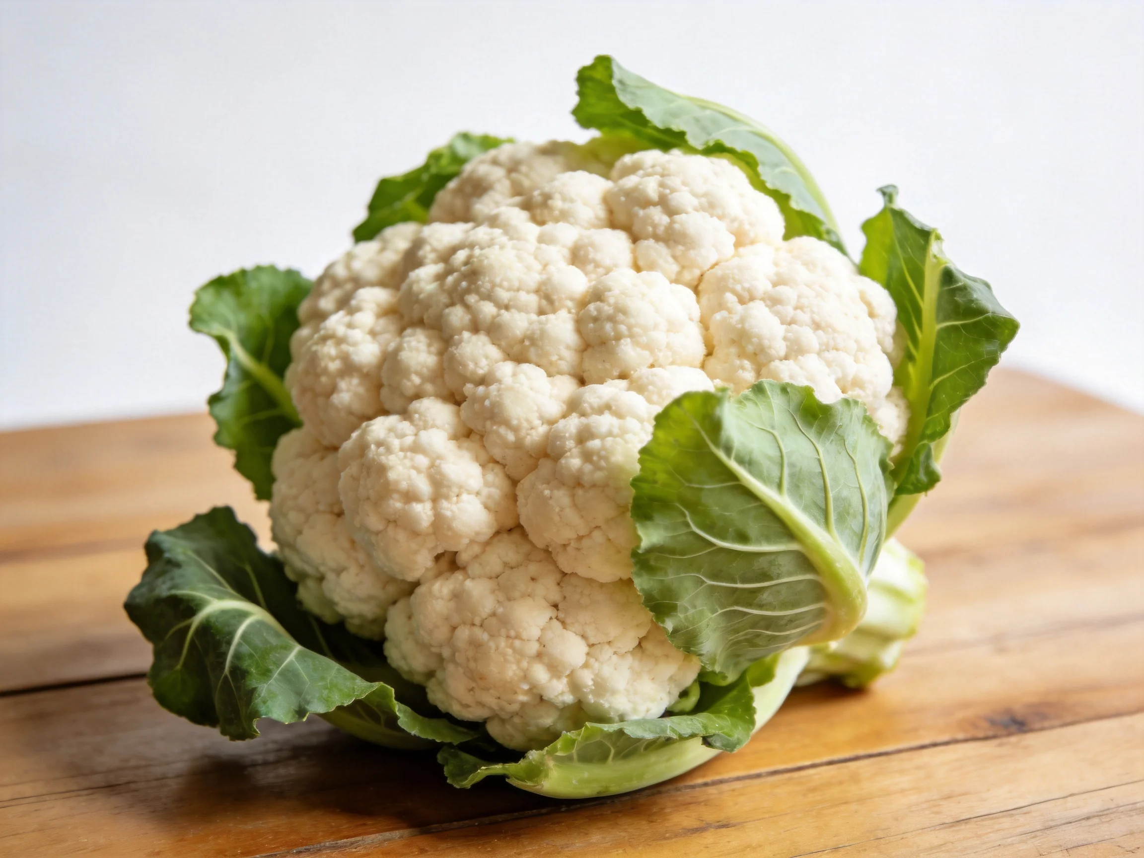 Fresh whole cauliflower with green leaves on a wooden surface