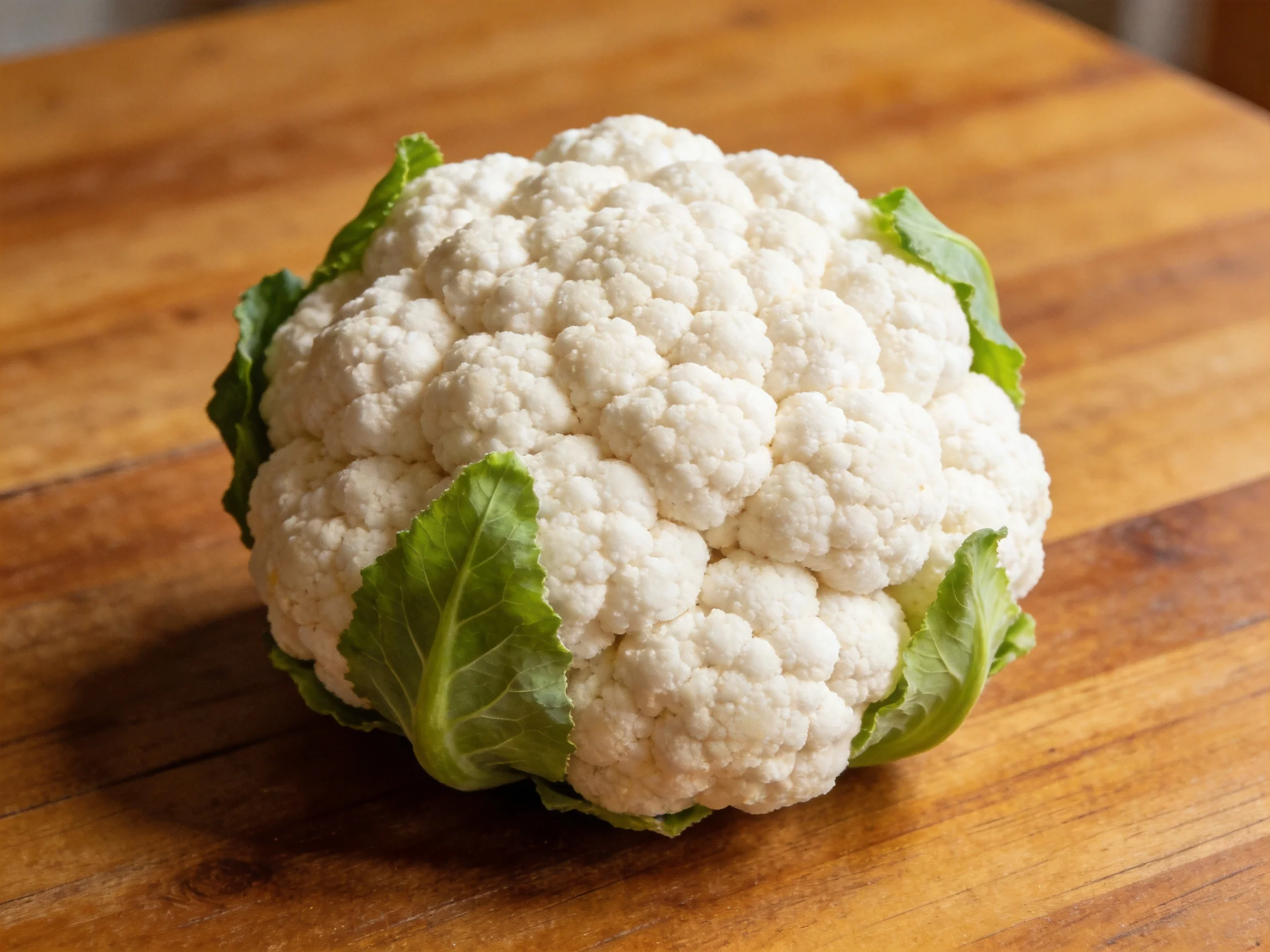 Fresh whole cauliflower with green leaves on a wooden surface
