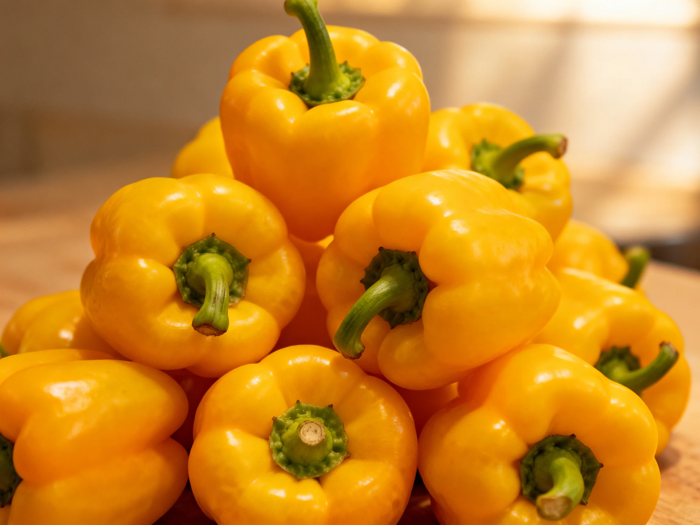 Fresh yellow bell peppers stacked in a pyramid formation