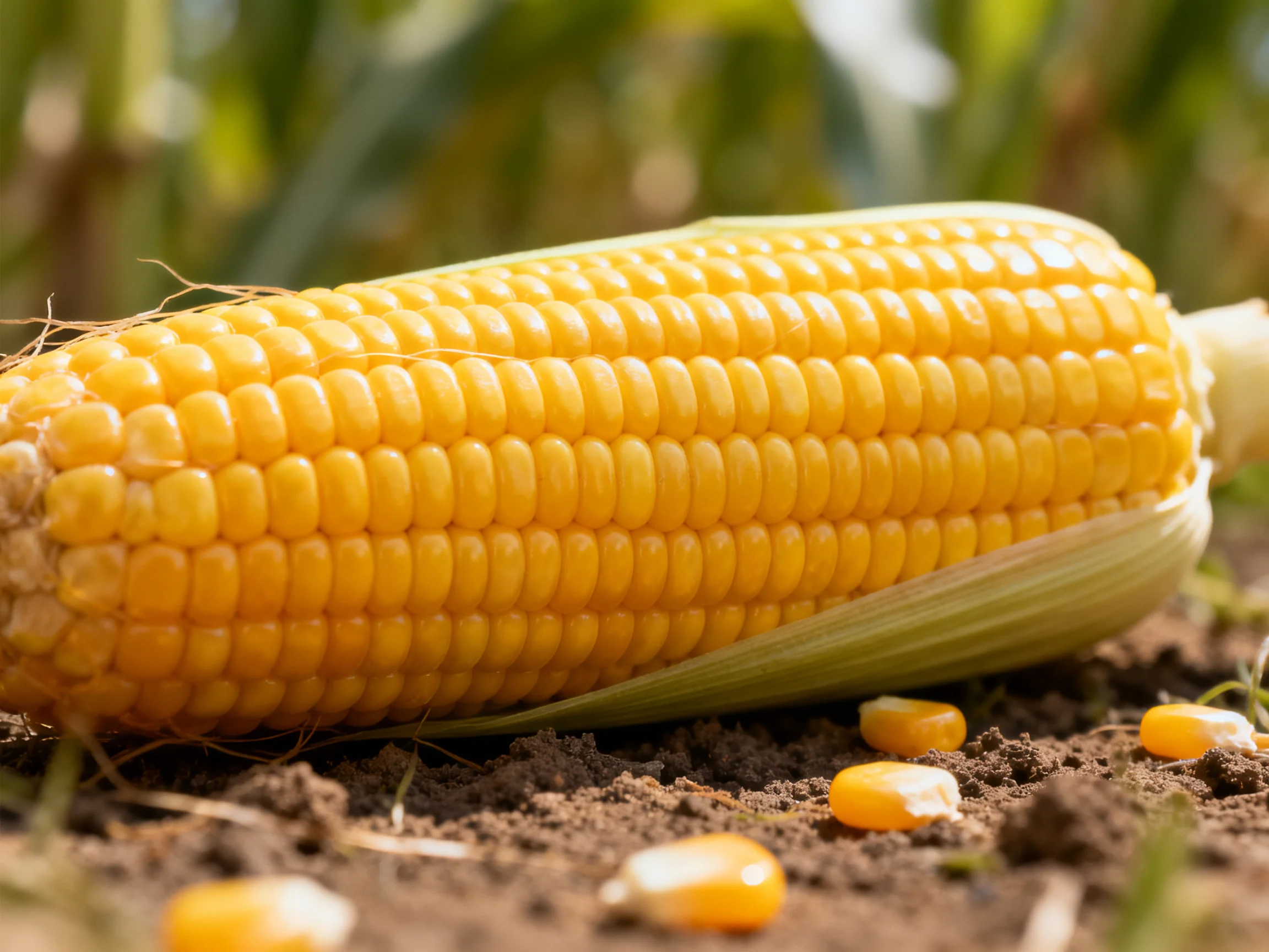 Fresh yellow corn cob resting on dark soil with scattered kernels