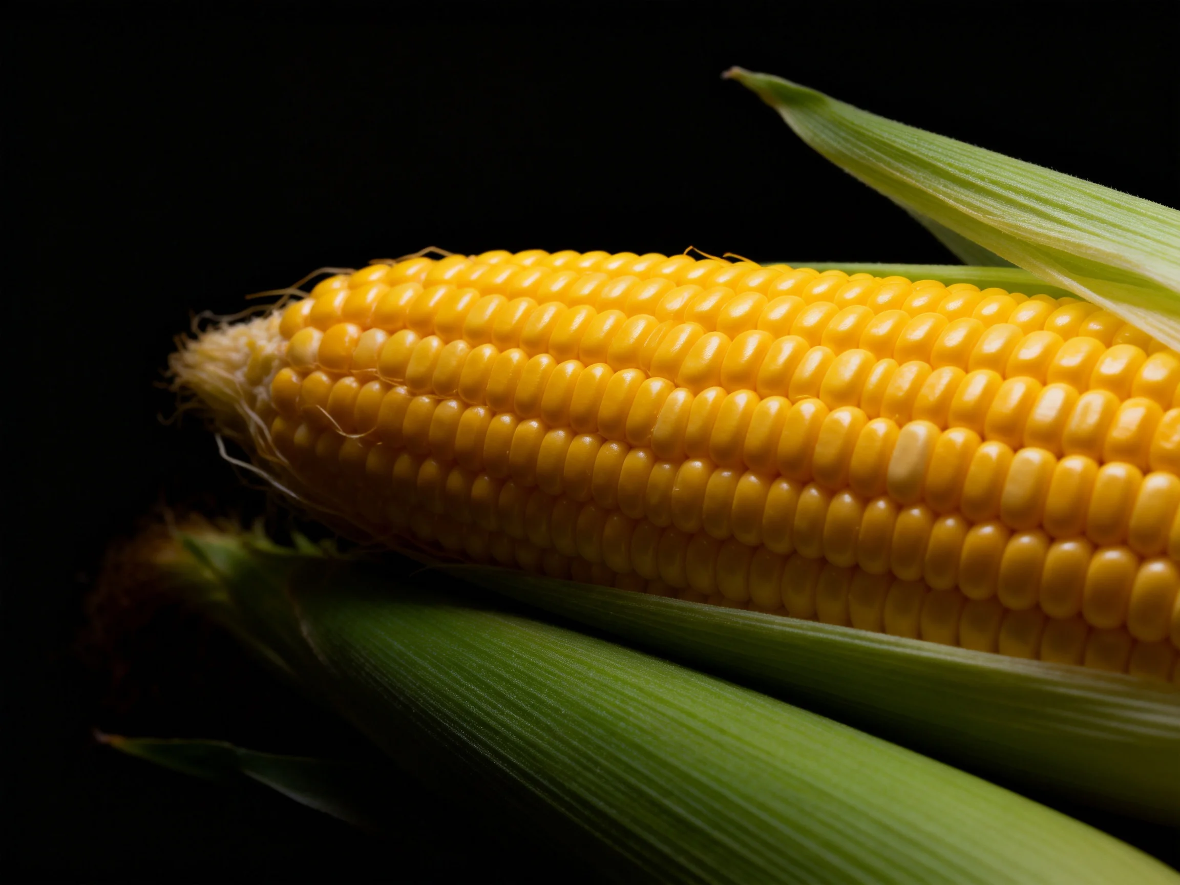 Fresh yellow corn cob with green husk against dark background