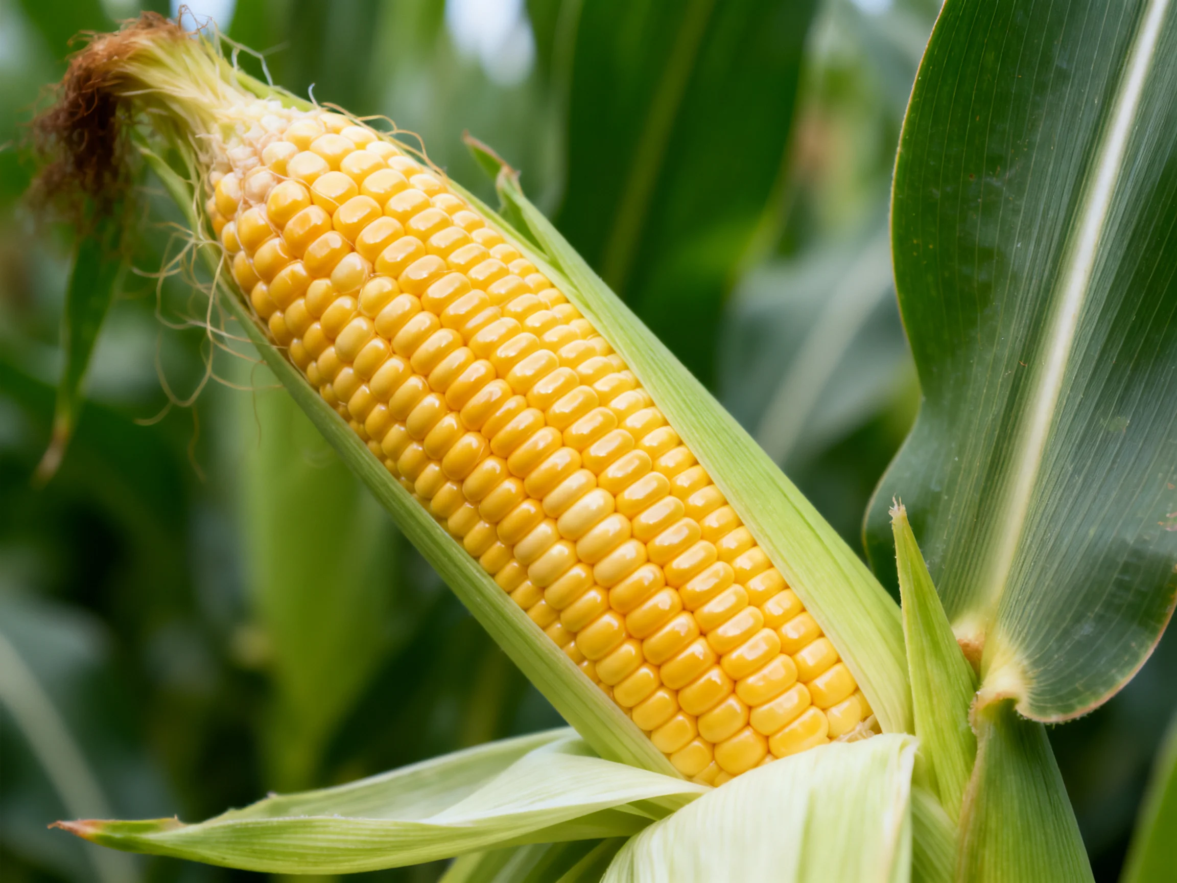 Fresh yellow corn cob with green husk and leafy backdrop
