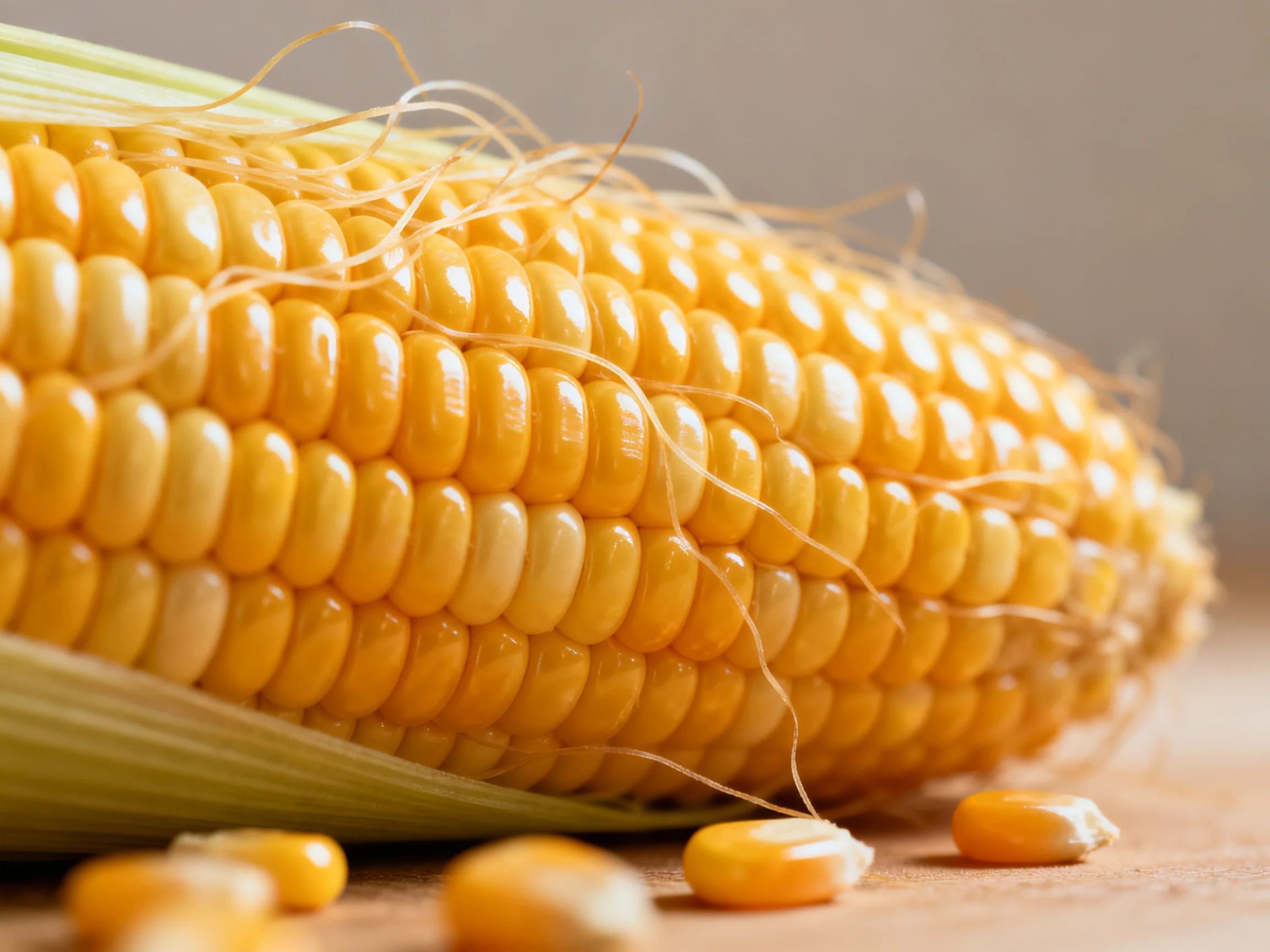 Fresh yellow corn cob with loose kernels on wooden surface