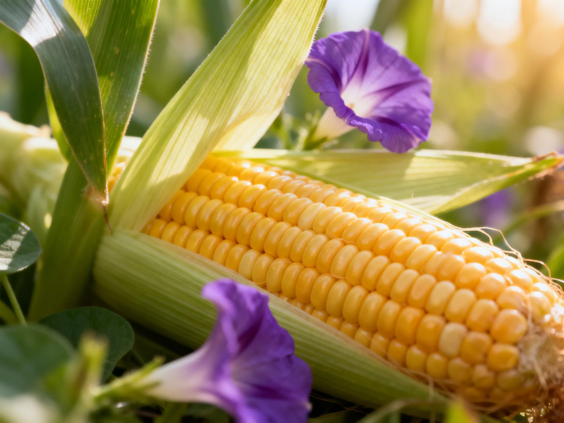 Fresh yellow corn cob with purple flowers and green leaves