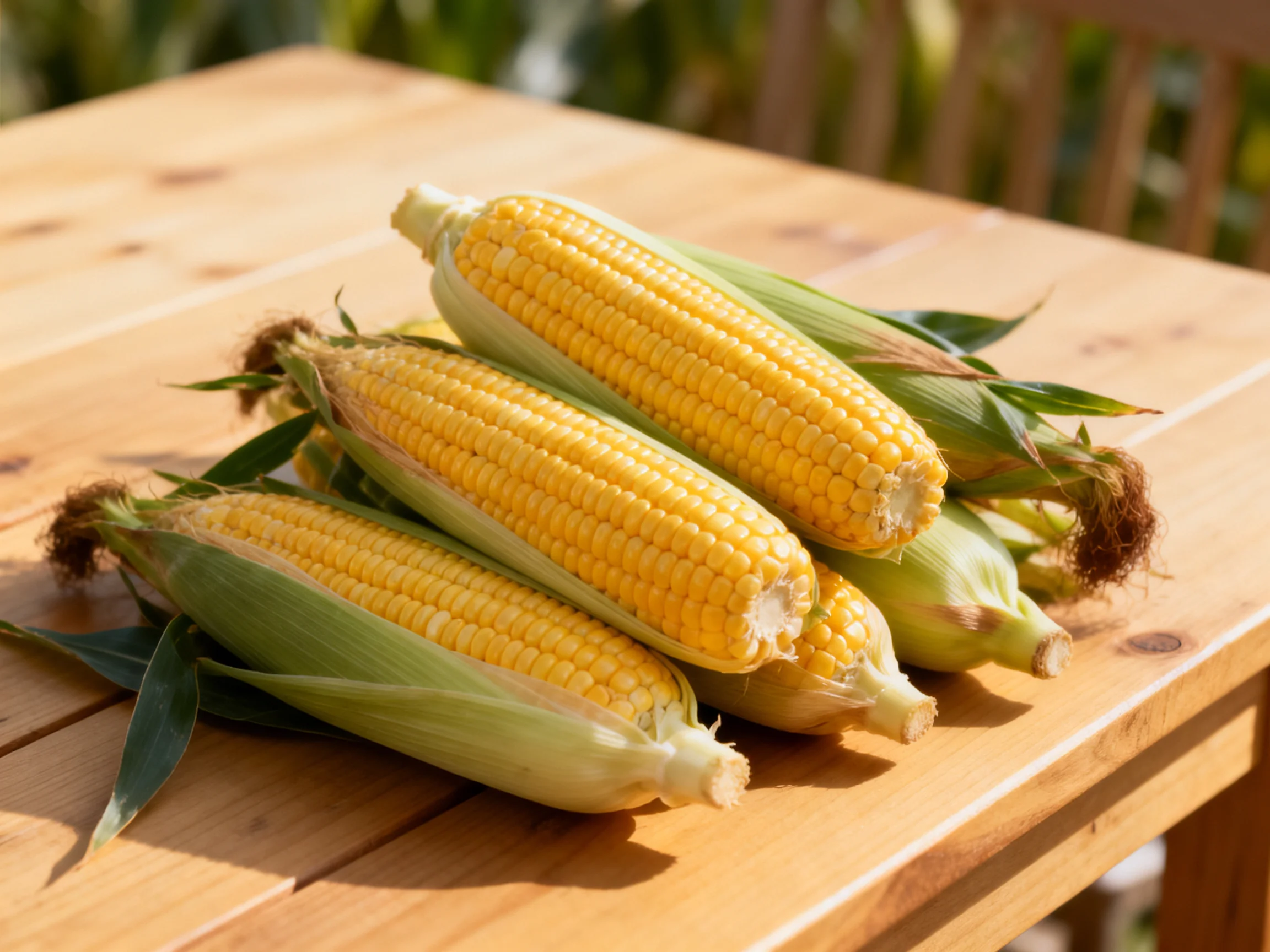 Fresh yellow corn cobs arranged on a wooden table outdoors